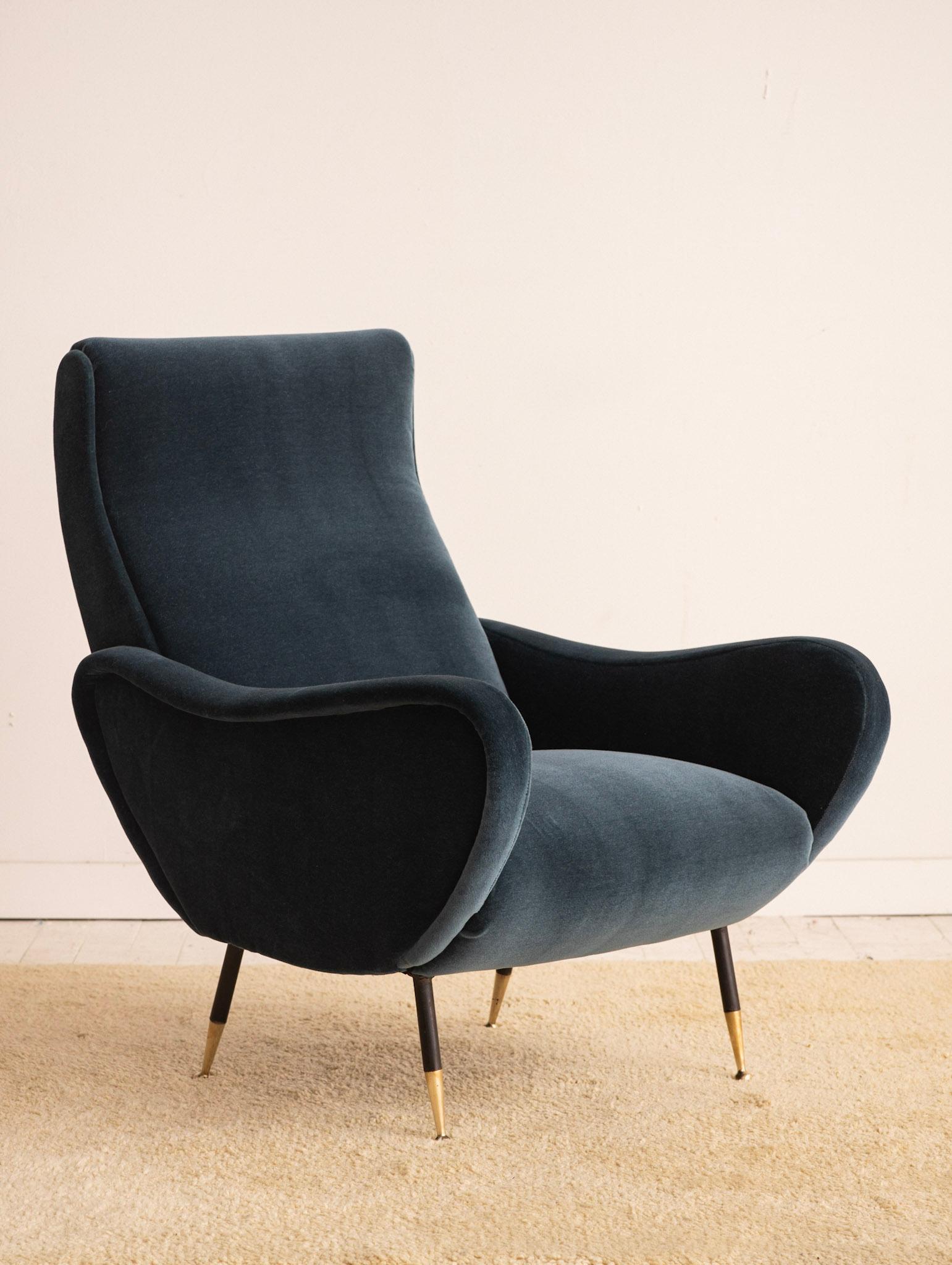 Mid-century Italian lounge chair in the style of Marco Zanuso. Sculptural silhouette with brass feet. Newly reupholstered in dark teal mohair. Sourced outside of Florence Italy.