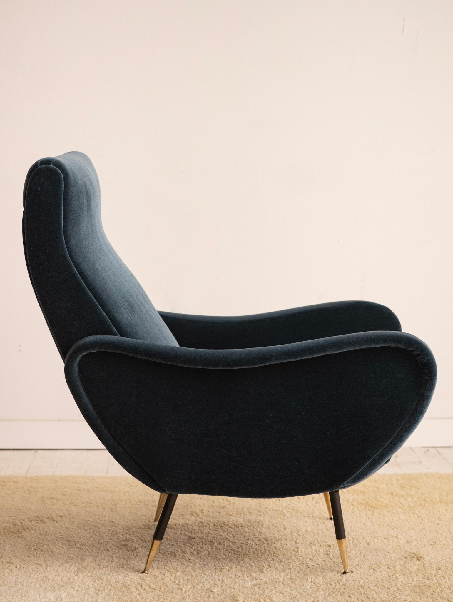 Mid-Century Modern Mid-Century Italian Teal Mohair Lounge Chair in the Style of Marco Zanuso