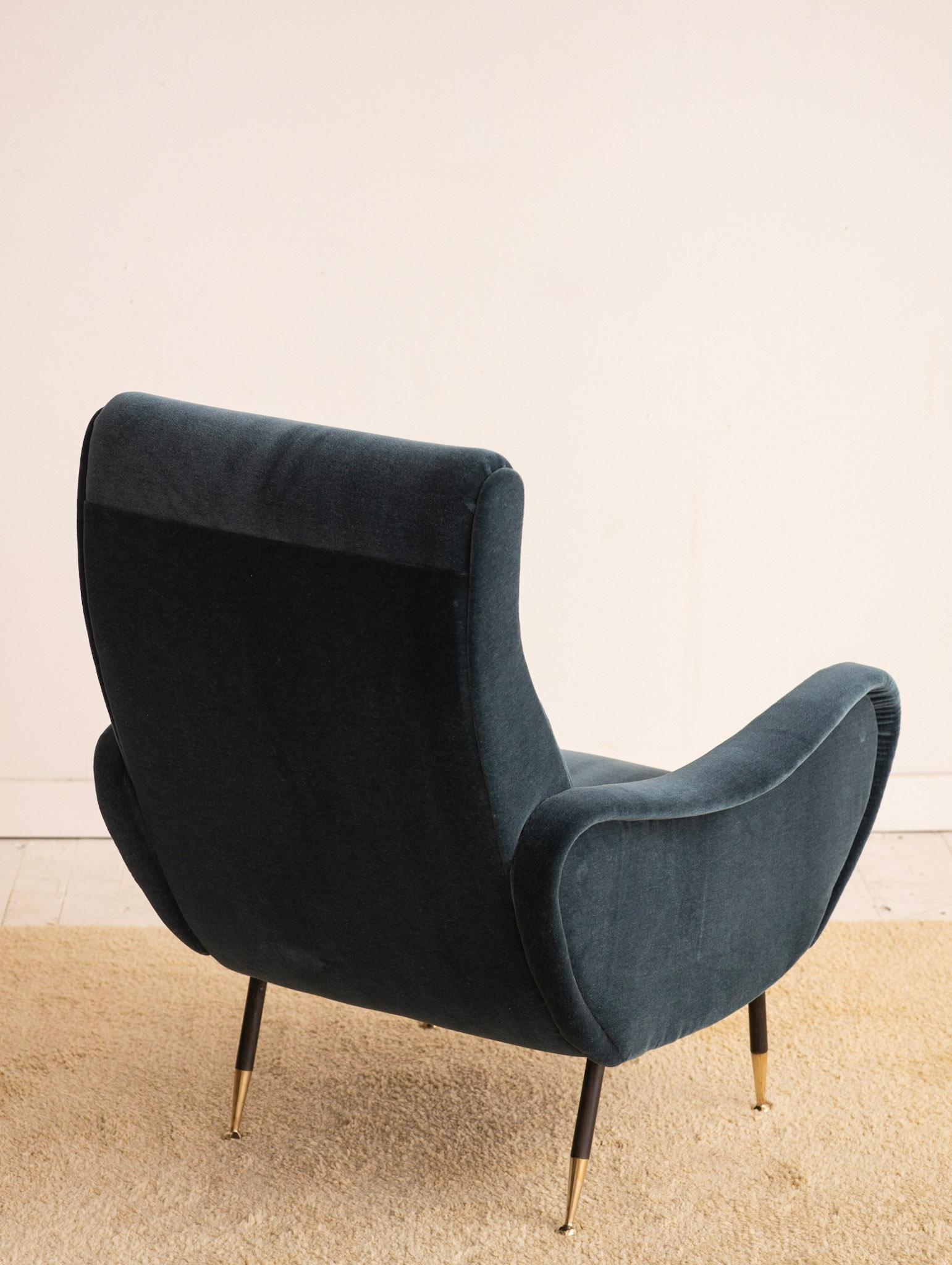 Mid-Century Italian Teal Mohair Lounge Chair in the Style of Marco Zanuso In Good Condition In Brooklyn, NY