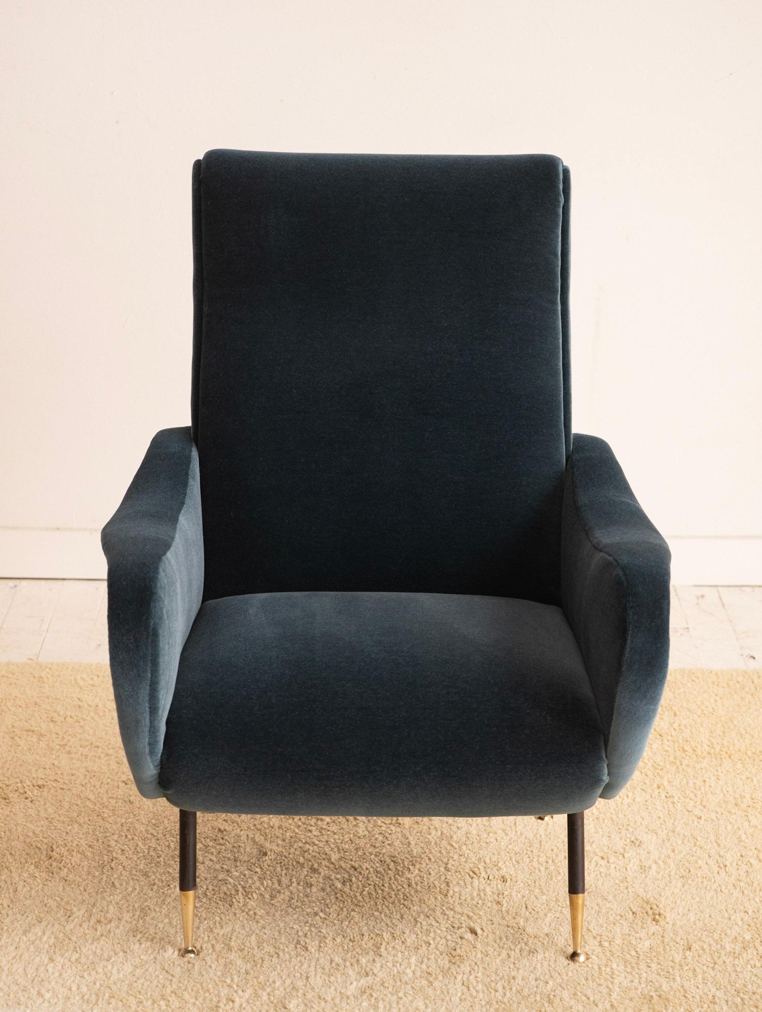 Brass Mid-Century Italian Teal Mohair Lounge Chair in the Style of Marco Zanuso