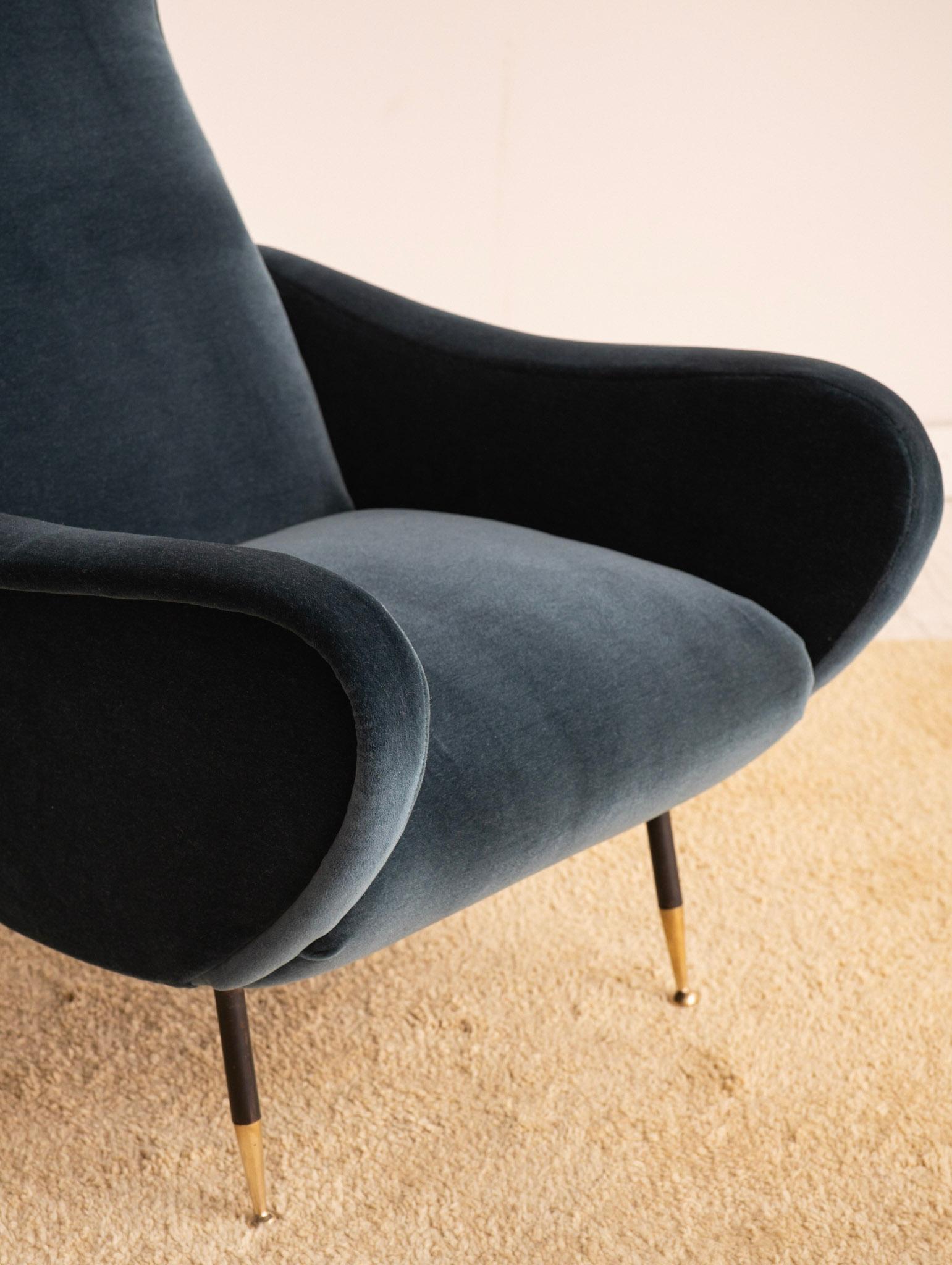 Mid-Century Italian Teal Mohair Lounge Chair in the Style of Marco Zanuso 1