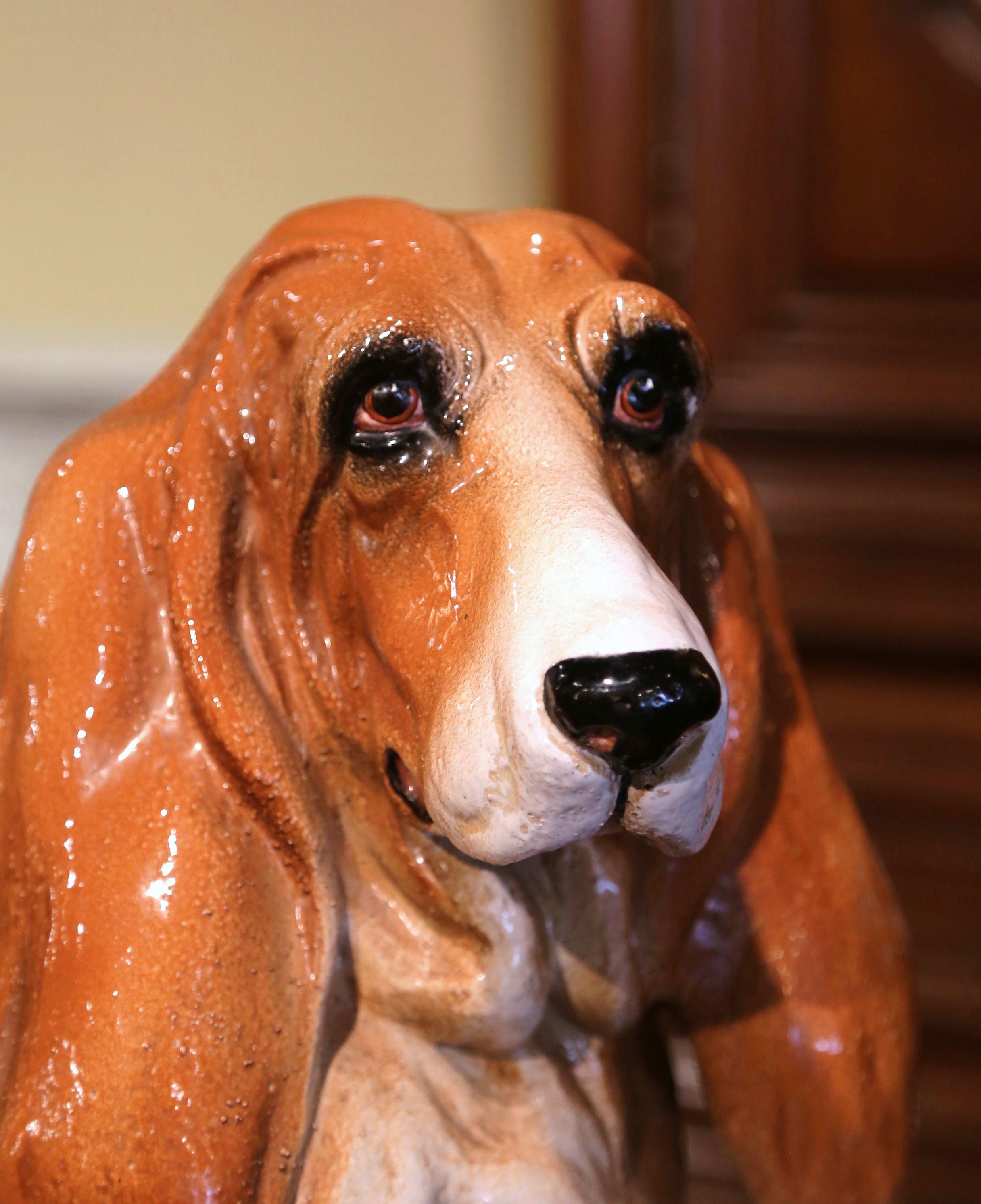 Mid-Century Italian Terracotta Barbotine Basset Hound Dog Sculpture 1