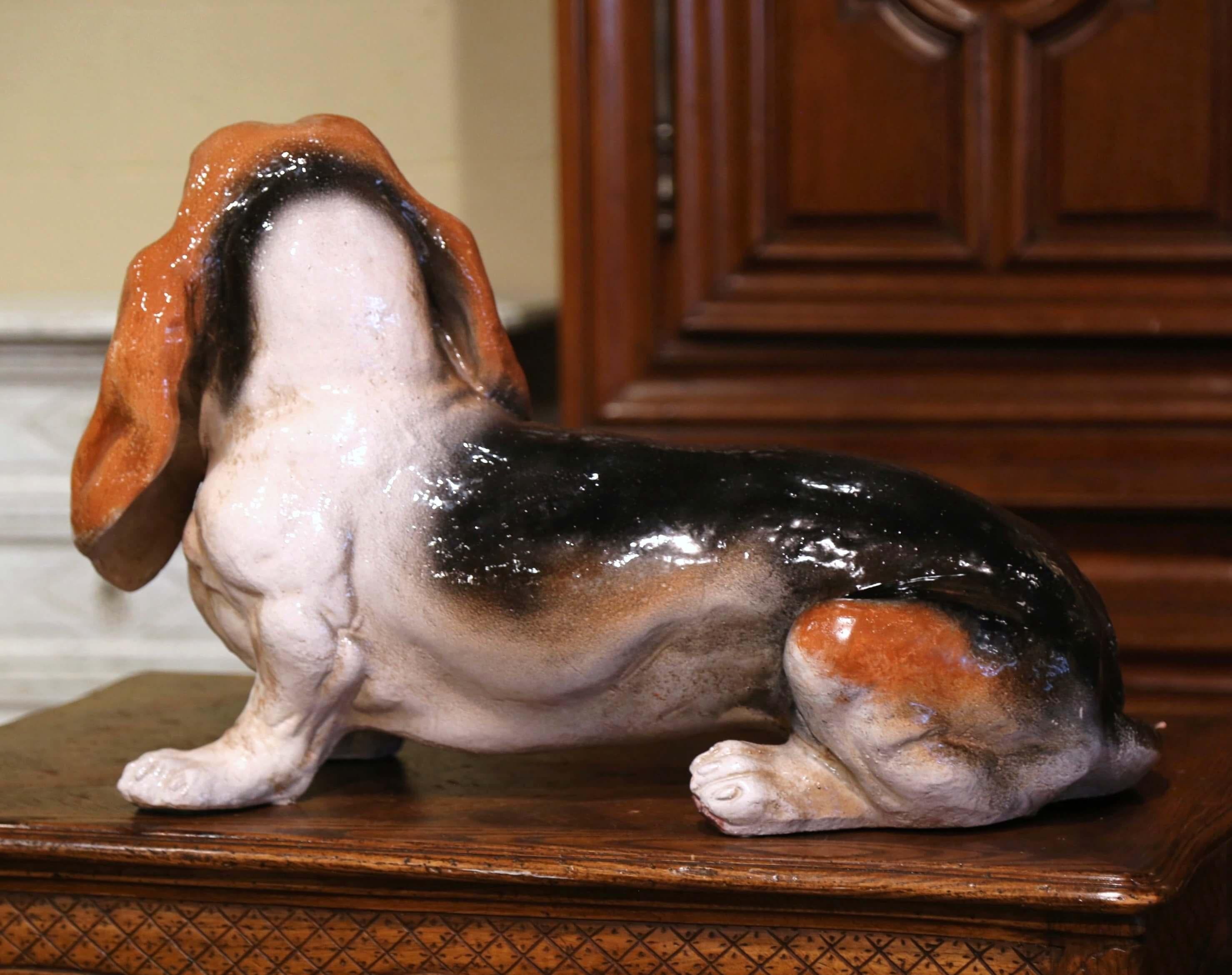 20th Century Mid-Century Italian Terracotta Barbotine Basset Hound Dog Sculpture For Sale
