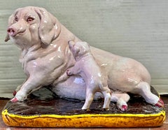 Mid-Century Italian Terracotta Hand Painted Mother Pig & Baby On Pillow Figurine