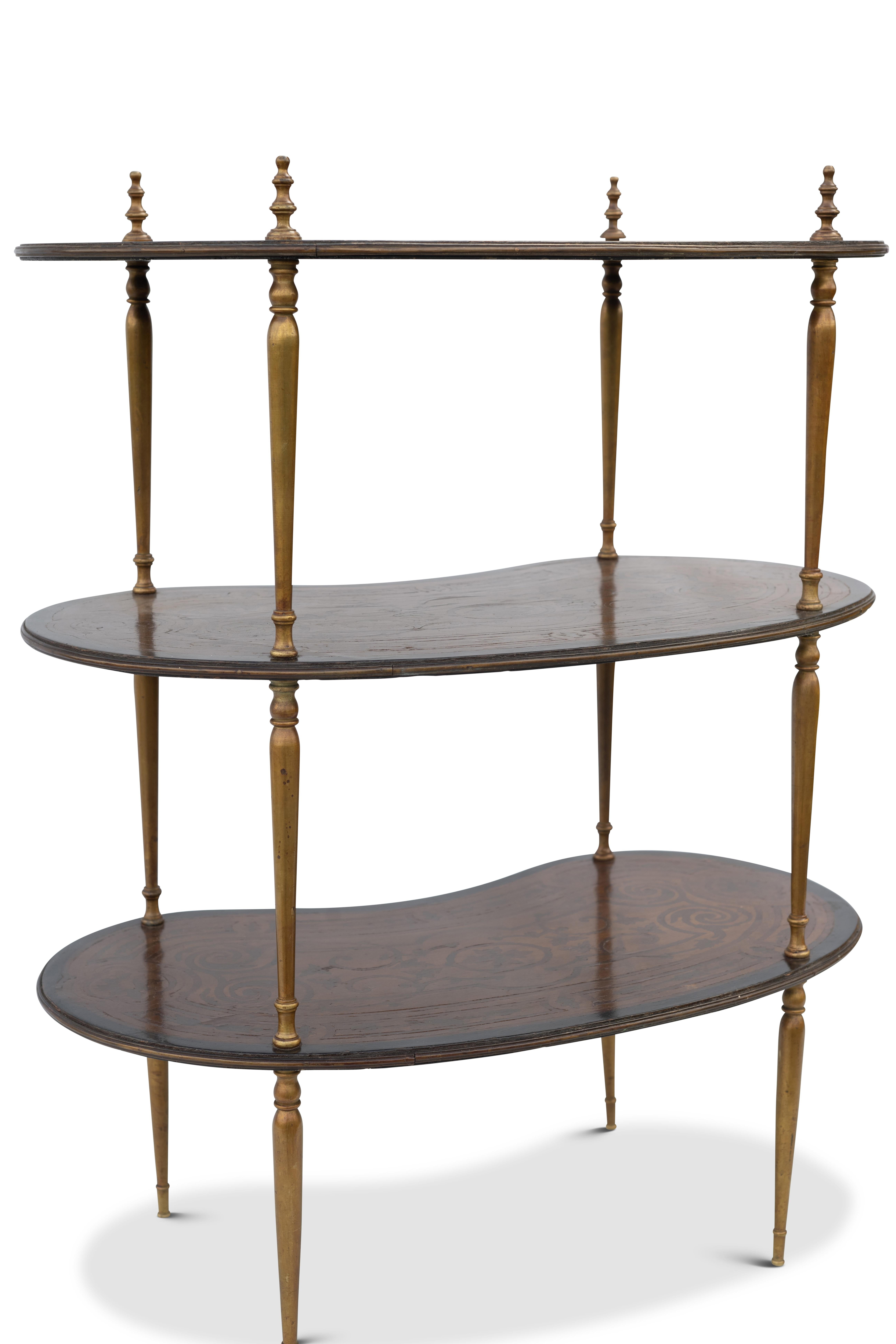 Victorian Continental Three-Tiered Kidney Shaped Brass & Marquetry Étagére 1880's Both Hand Painted & Varnished 

Would suit both period or modern day living spaces for entertaining guests with drinks, or using as a lamp table.
