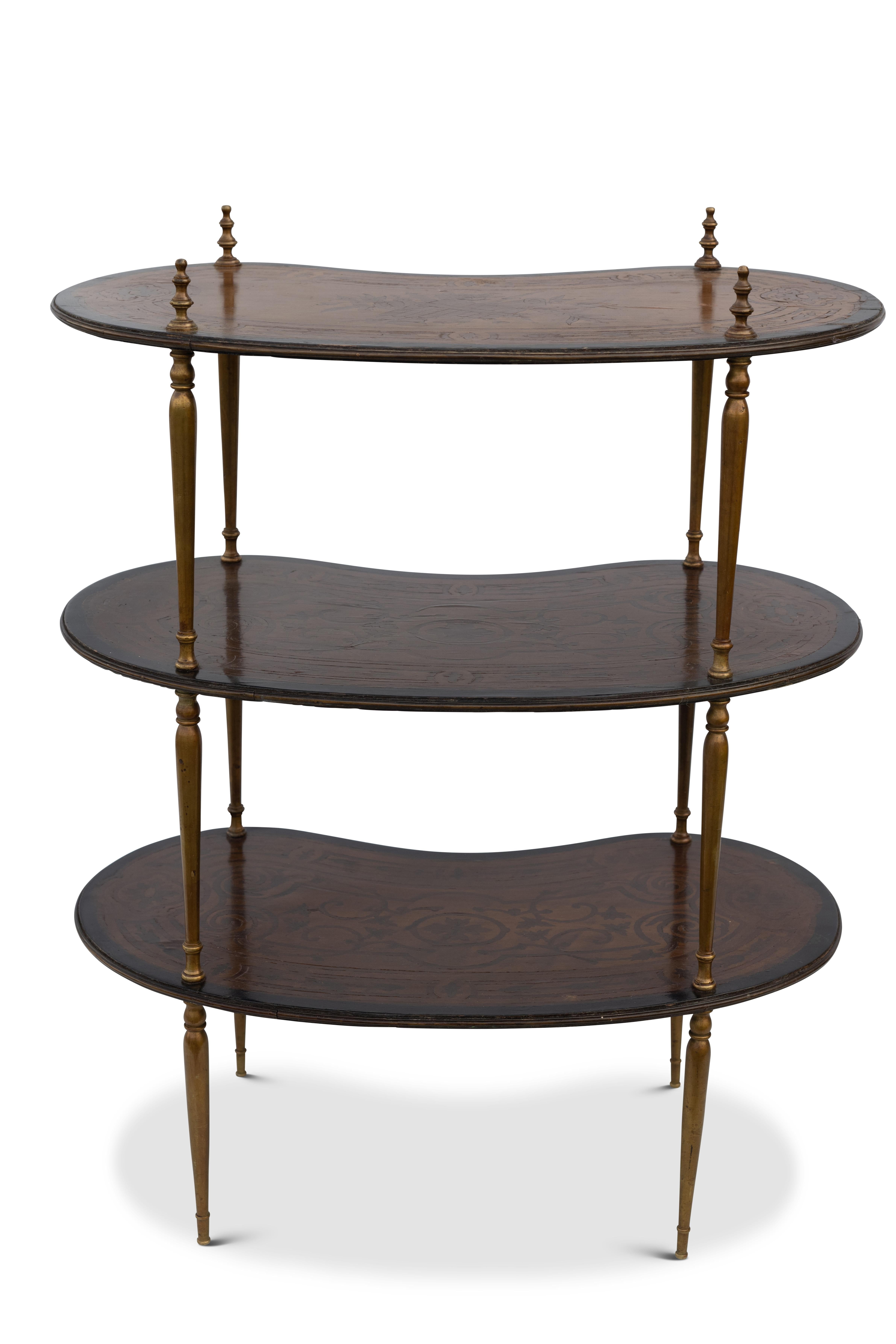Ebonized Midcentury Italian Three Tier Kidney Shaped Brass & Marquetry Étagére For Sale