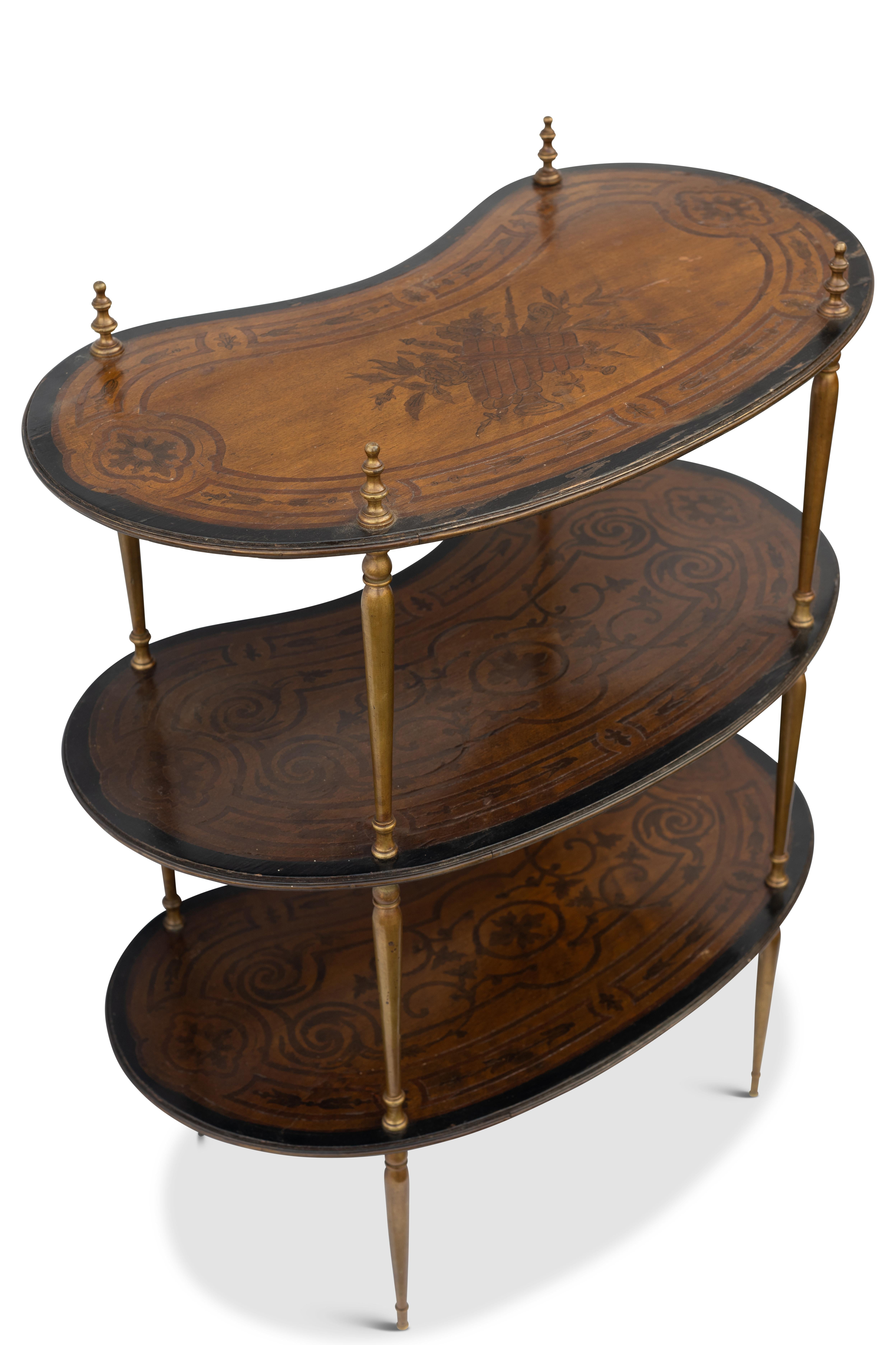 Italian Victorian Continental Three-Tier Kidney Shaped Brass & Marquetry Étagére 1880's For Sale