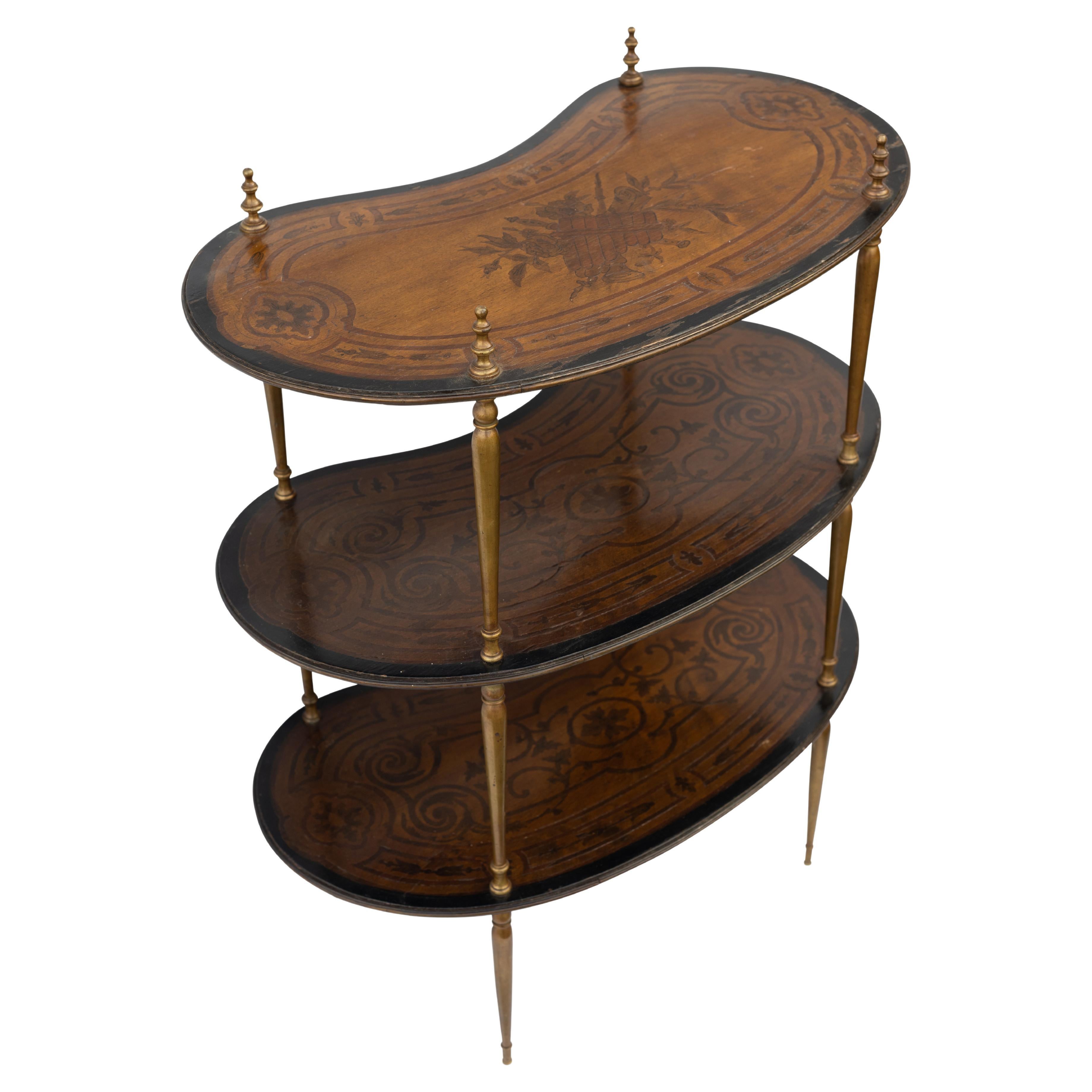 Midcentury Italian Three Tier Kidney Shaped Brass & Marquetry Étagére In Good Condition For Sale In High Wycombe, GB