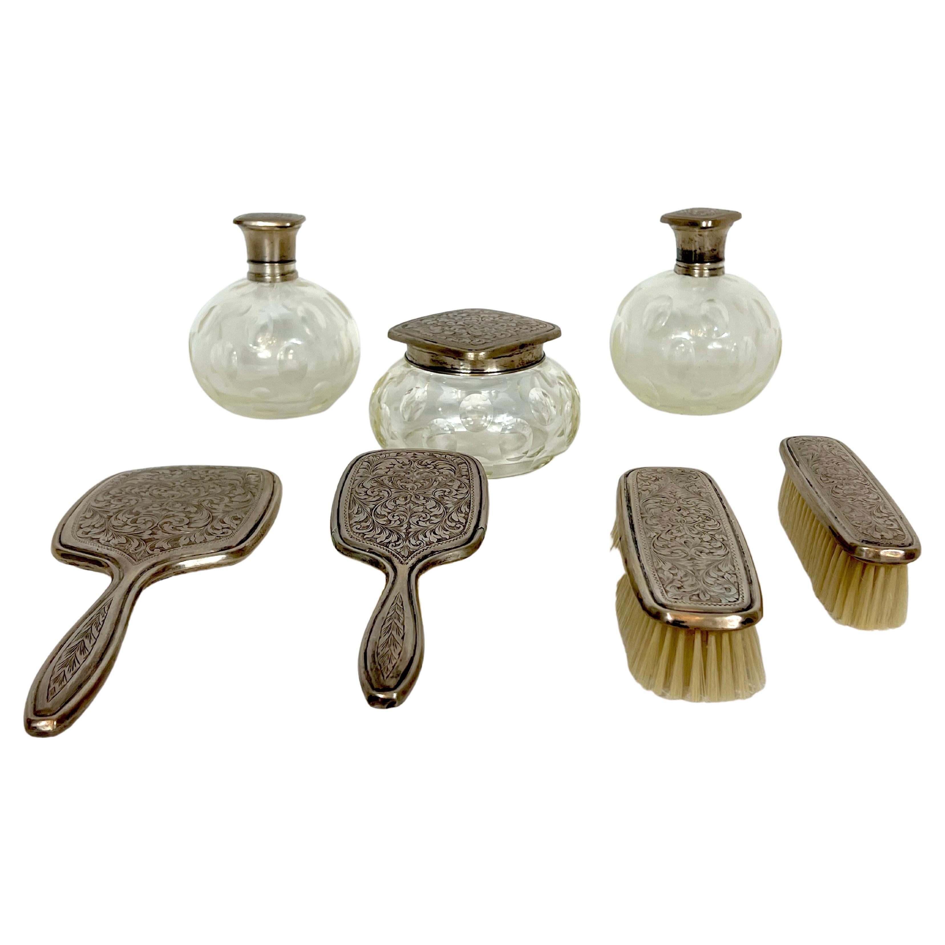 Mid-Century Italian Toilet Set in Silver Plated and Blown Murano Glass from 40s For Sale