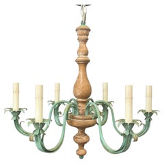 Mid-Century Italian Tole And Pine Swedish Inspired 6 Arm Chandelier
