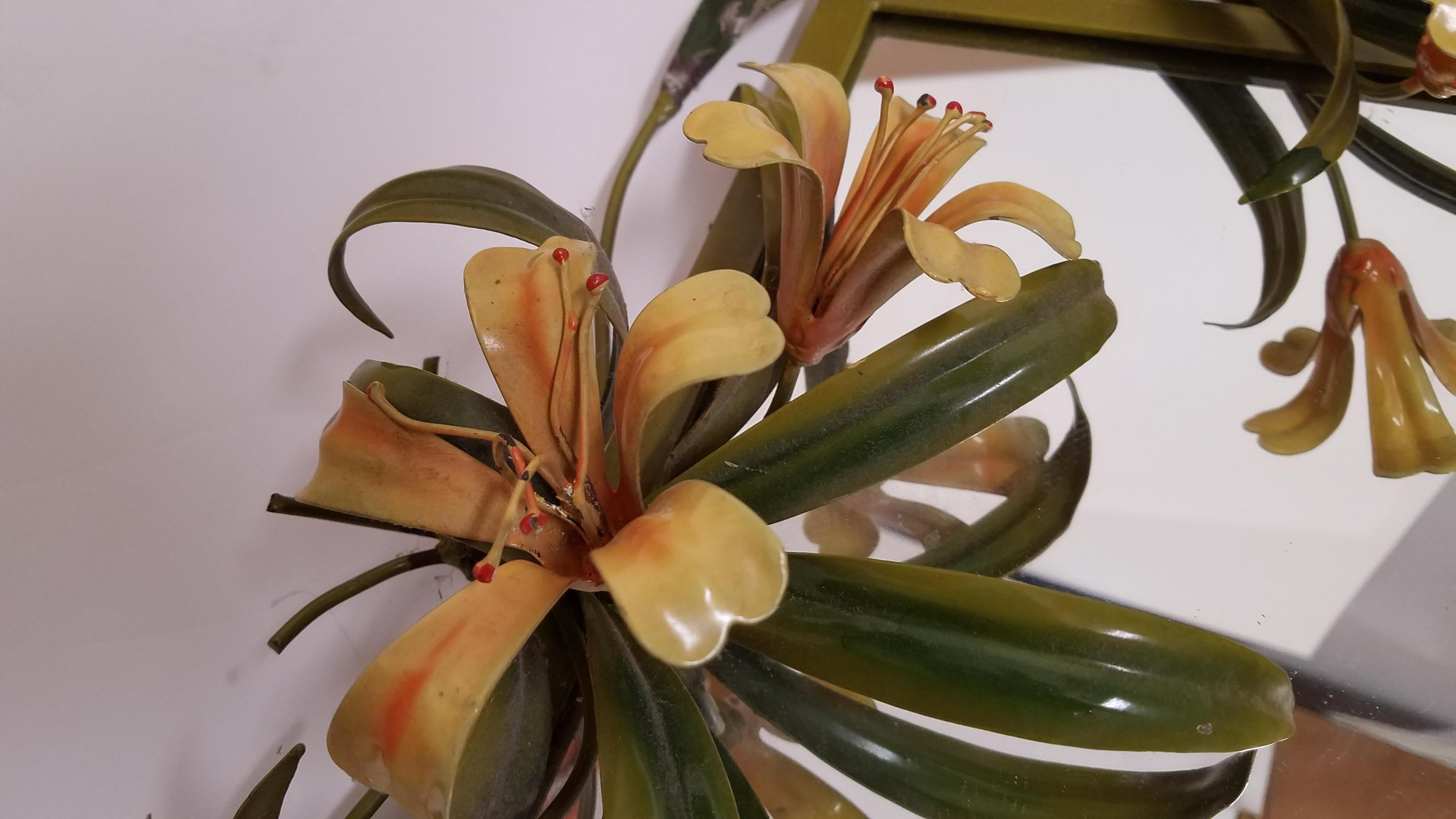 Hand-Painted Midcentury Italian Tole Mirror with Lilies, circa 1960
