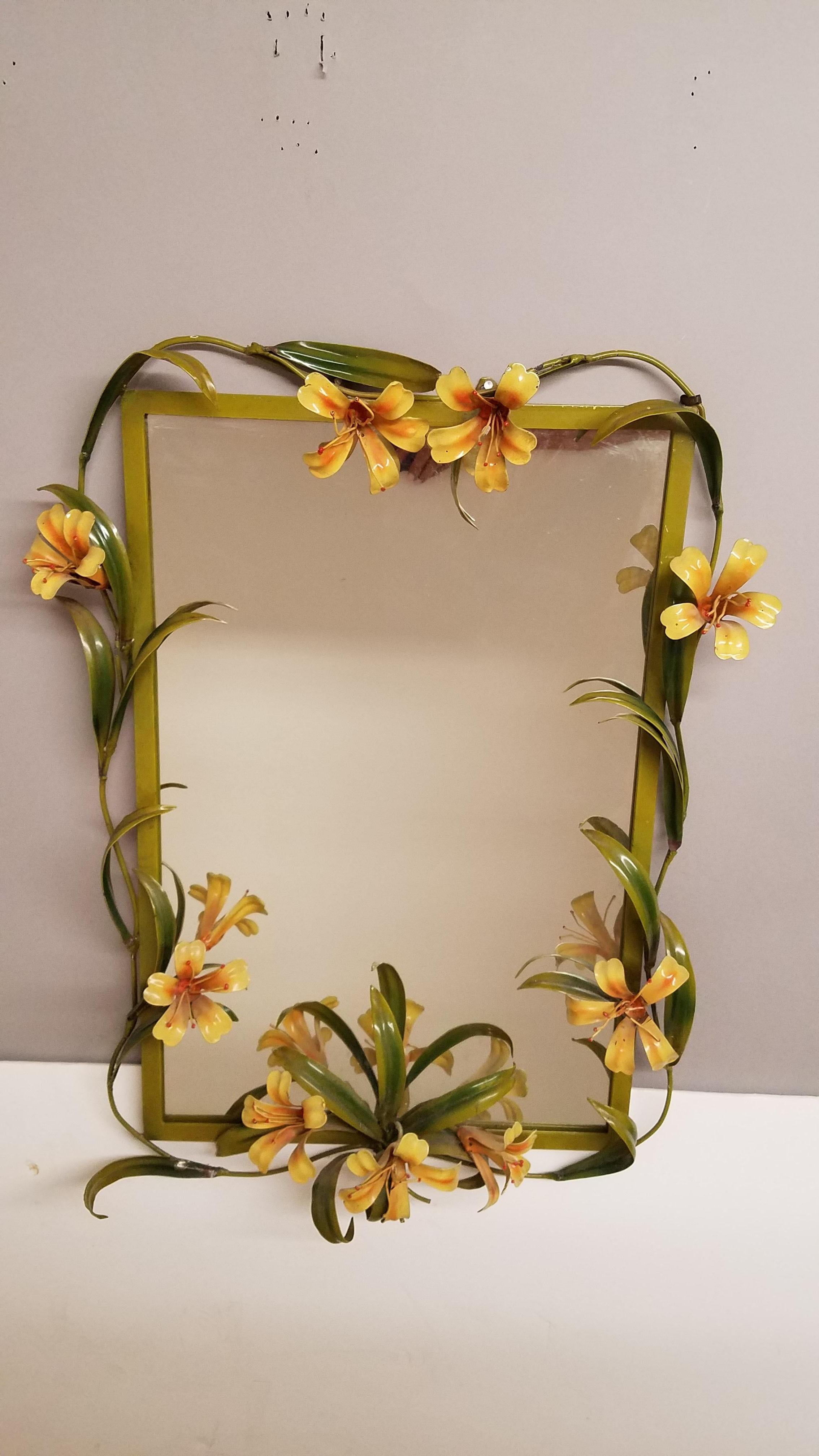 Midcentury Italian Tole Mirror with Lilies, circa 1960 In Good Condition In Lambertville, NJ