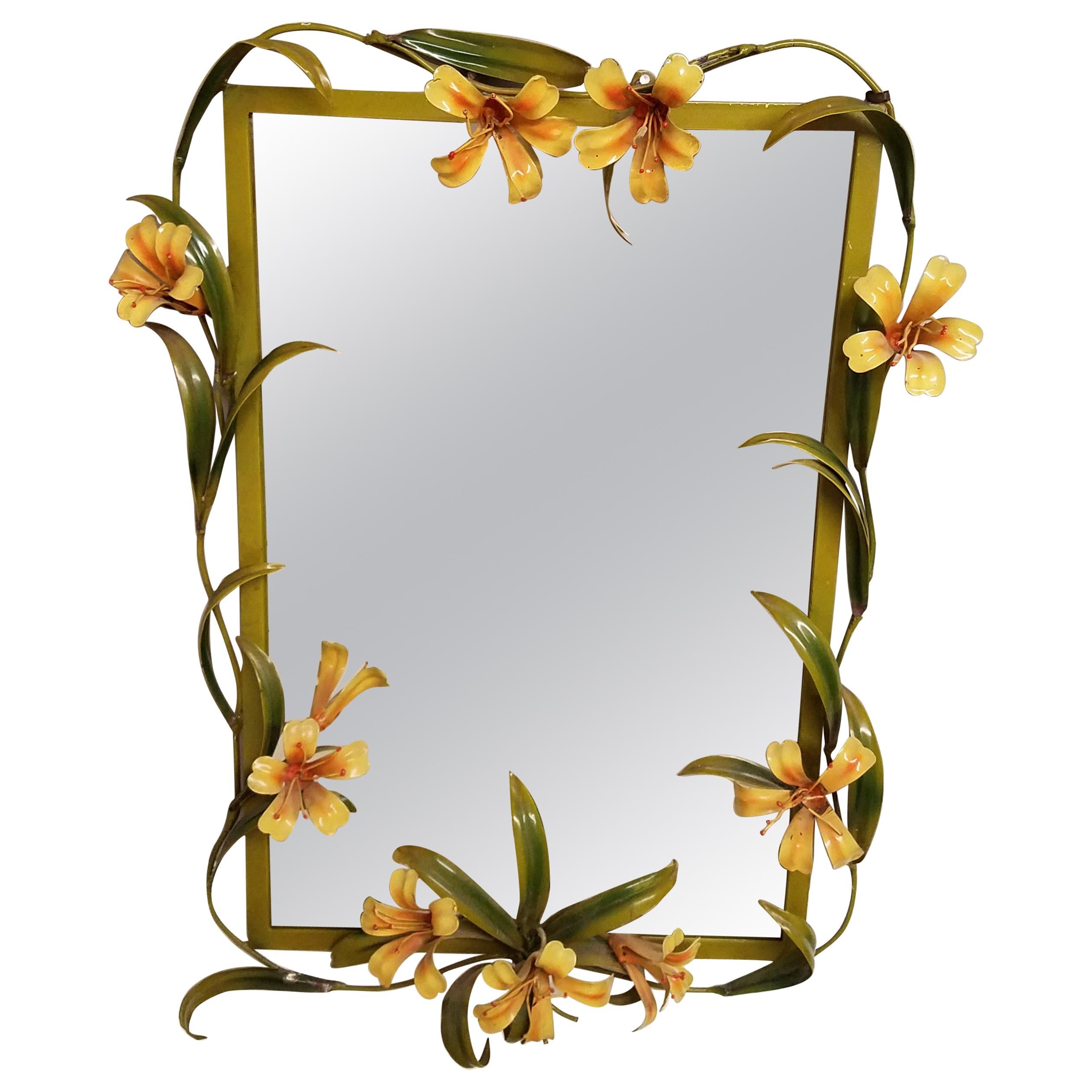 Midcentury Italian Tole Mirror with Lilies, circa 1960