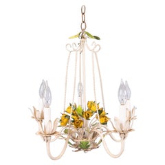 Mid-Century Italian Tole Yellow Roses Five Arm Chandelier