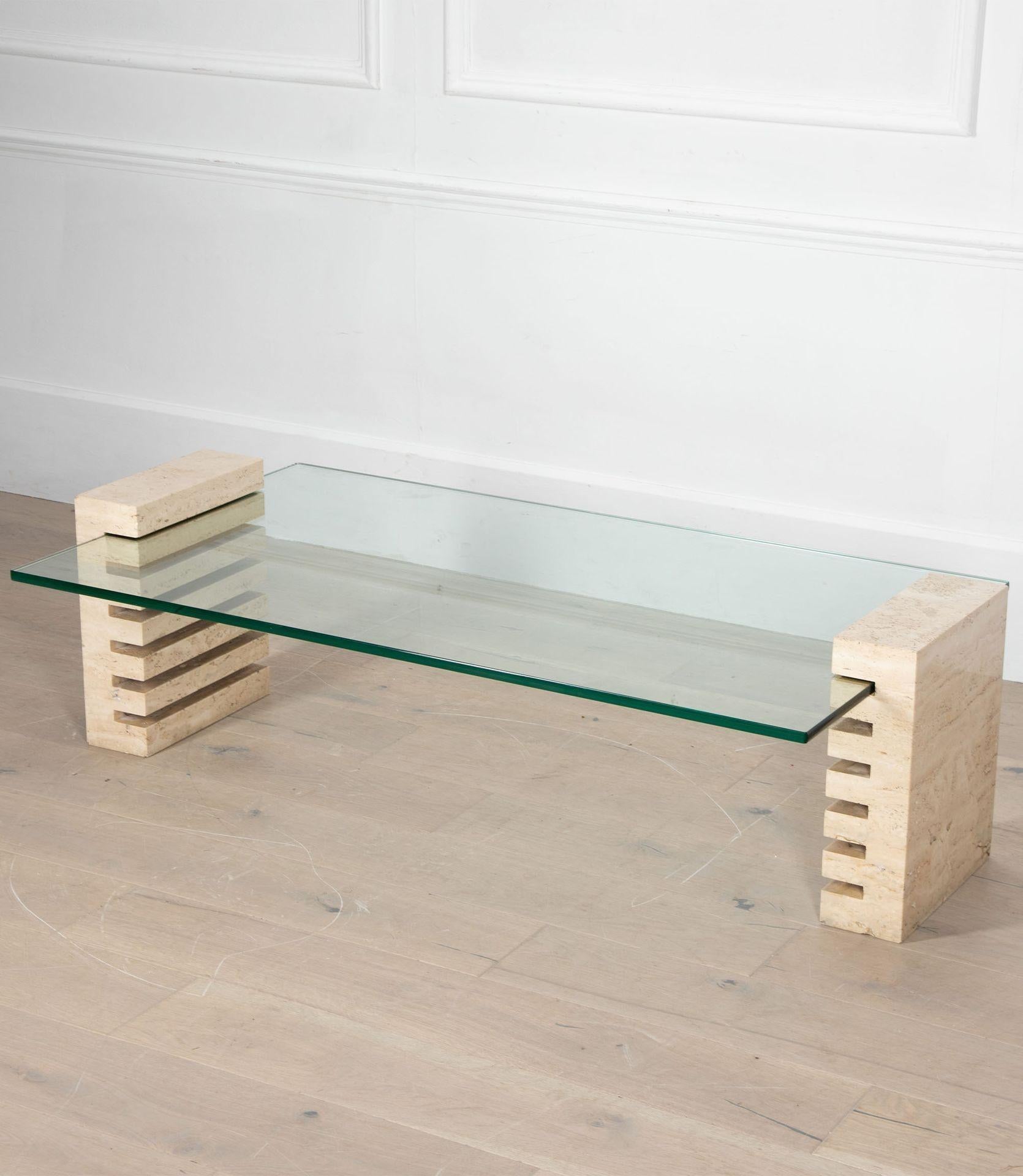 Mid-Century Modern Mid-Century Italian Travertine and Glass Adjustable Coffee Table For Sale