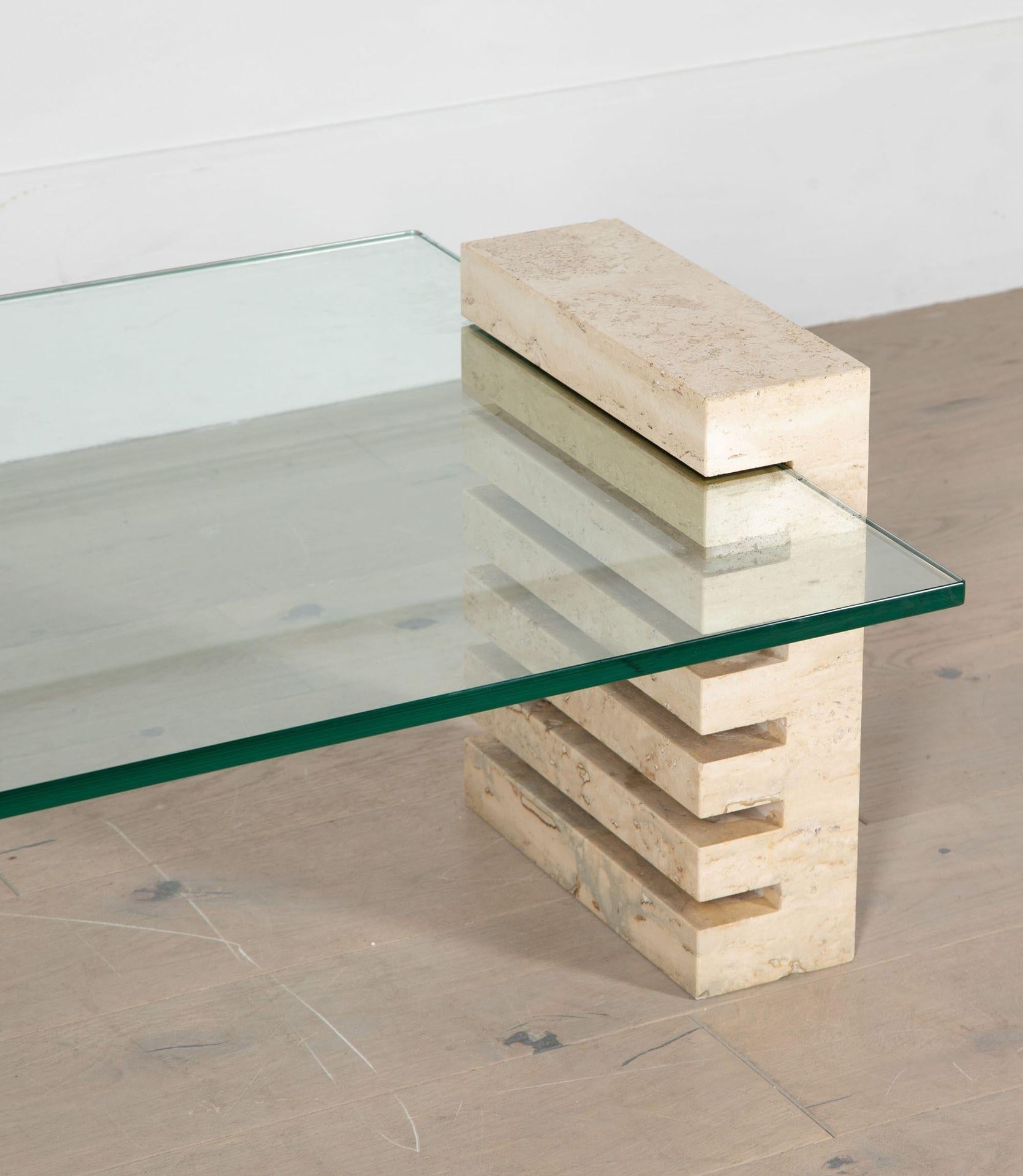Mid-Century Italian Travertine and Glass Adjustable Coffee Table In Good Condition For Sale In Gloucestershire, GB