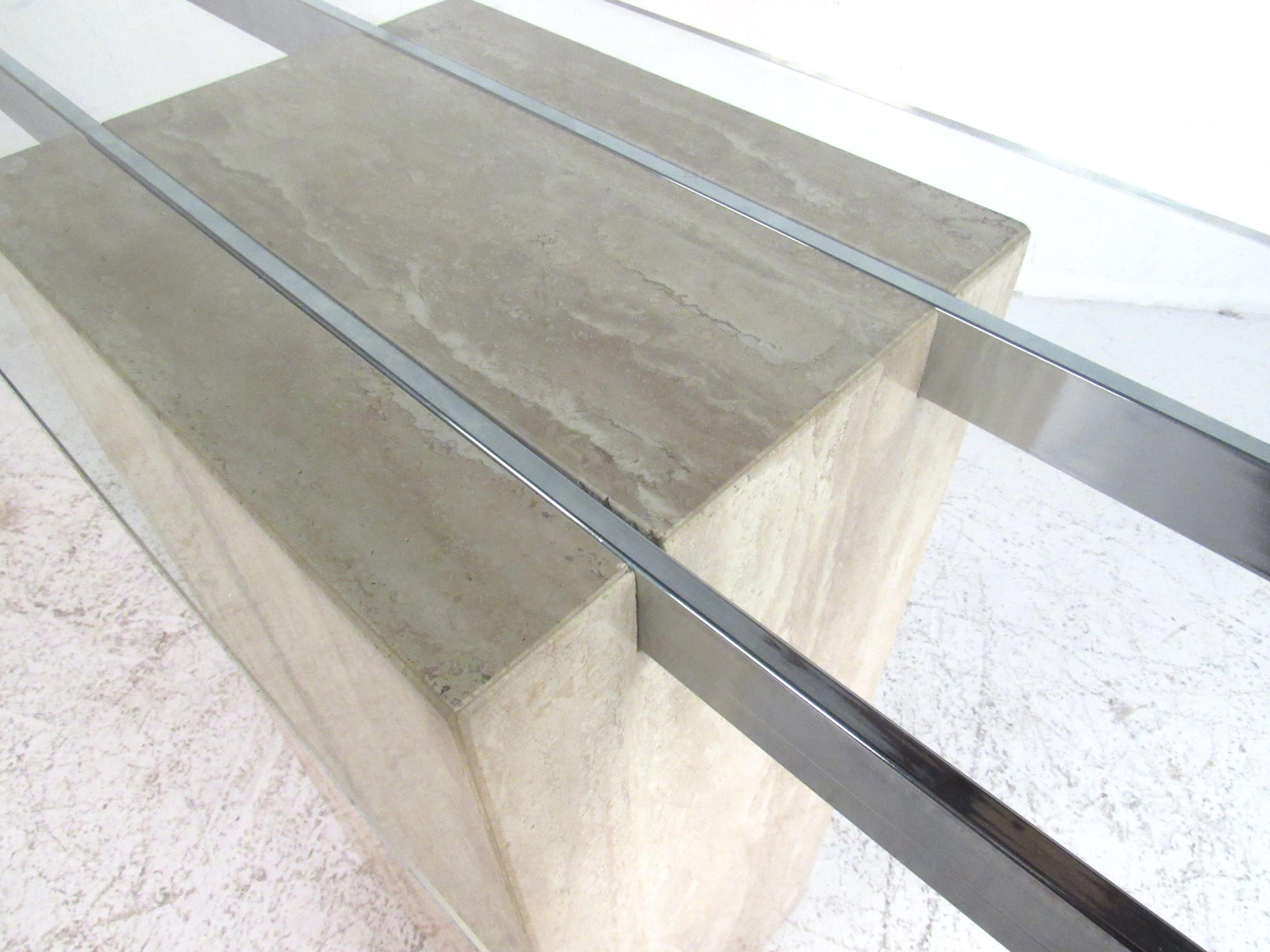 Mid-Century Modern Midcentury Italian Travertine and Glass Console Table by Artedi, 1970s