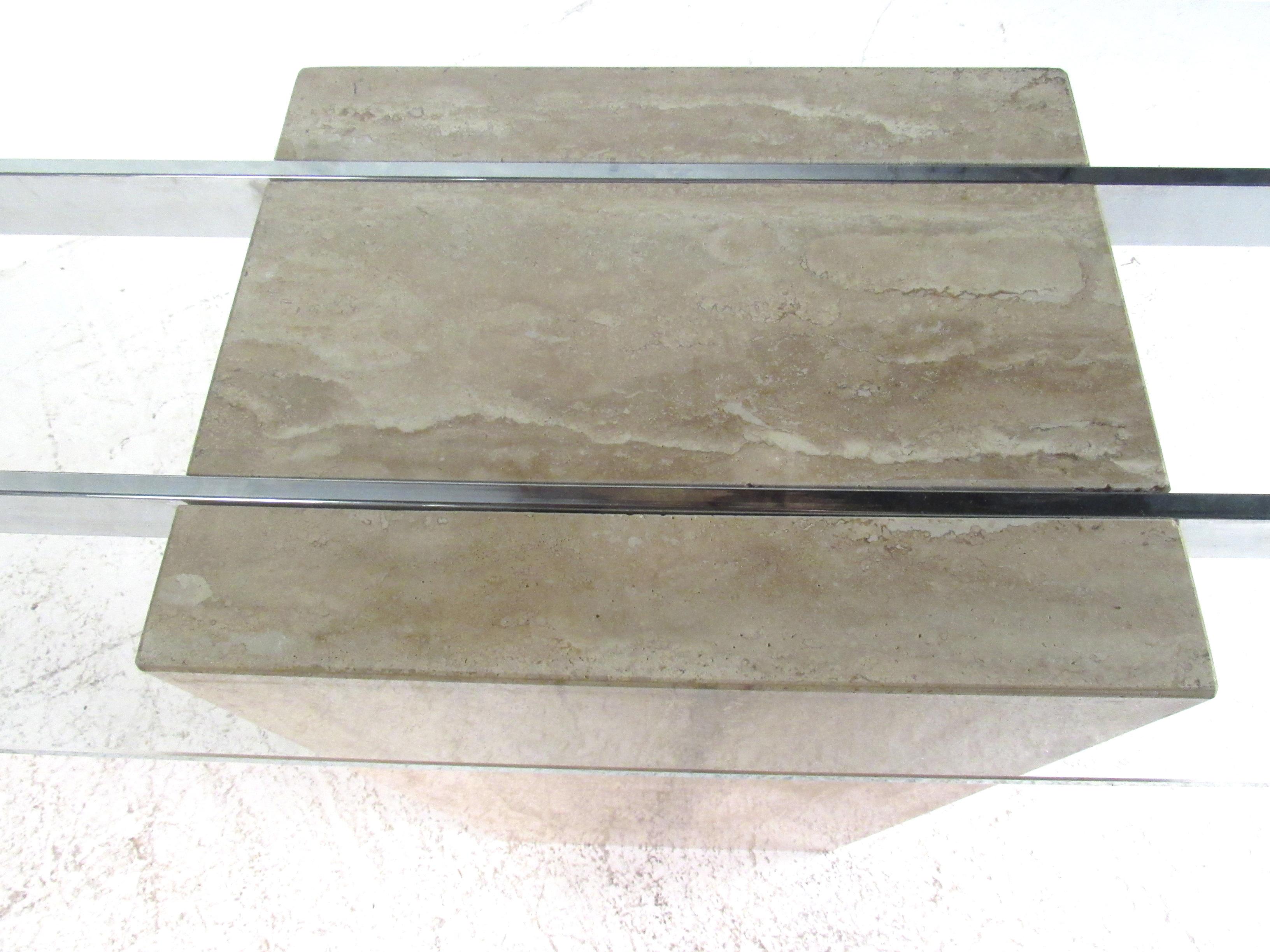 Midcentury Italian Travertine and Glass Console Table by Artedi, 1970s In Good Condition In Brooklyn, NY