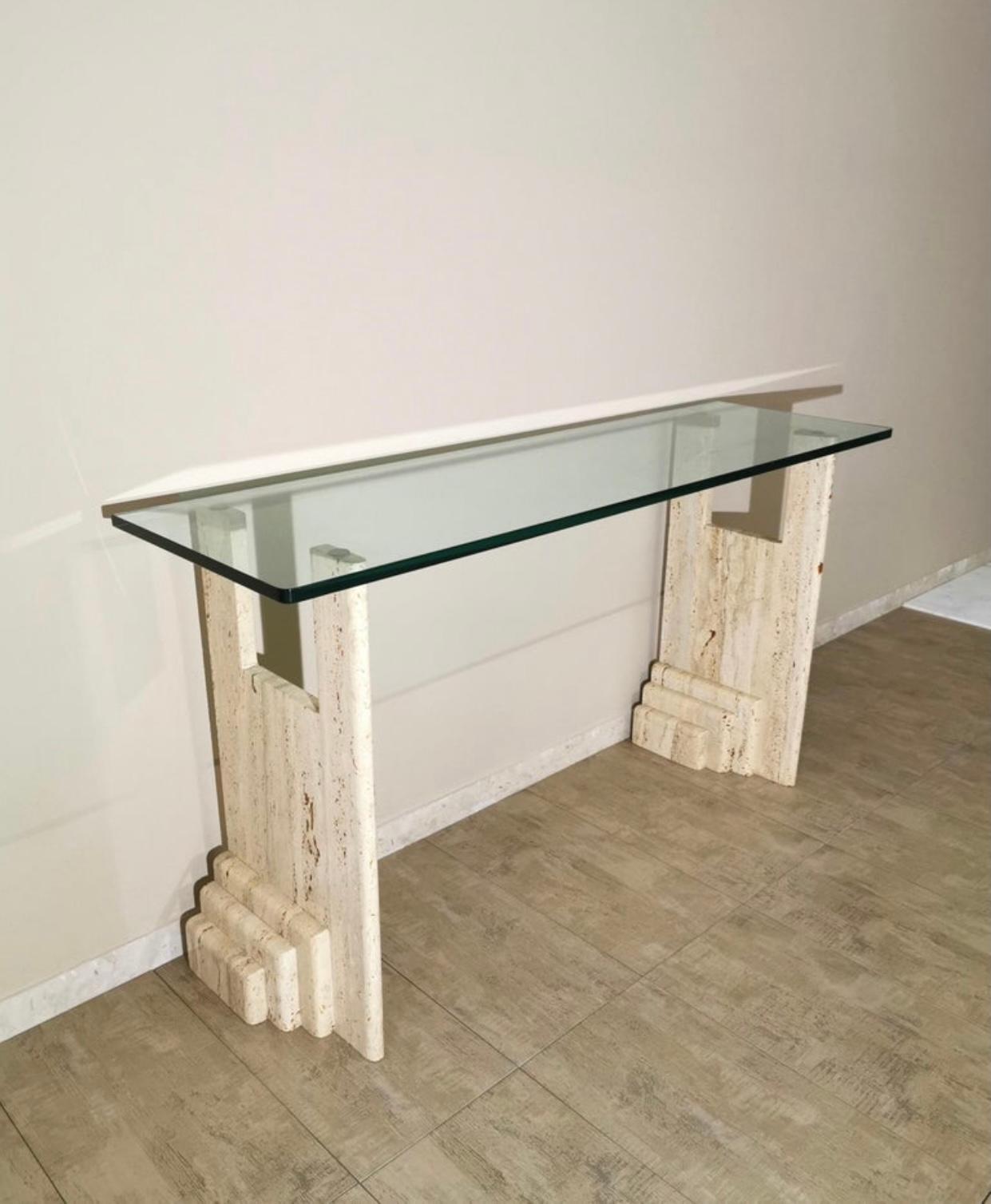 Mid-Century Italian Travertine Marble & Glass Console Table Att. Fontana Arte In Good Condition In London, GB