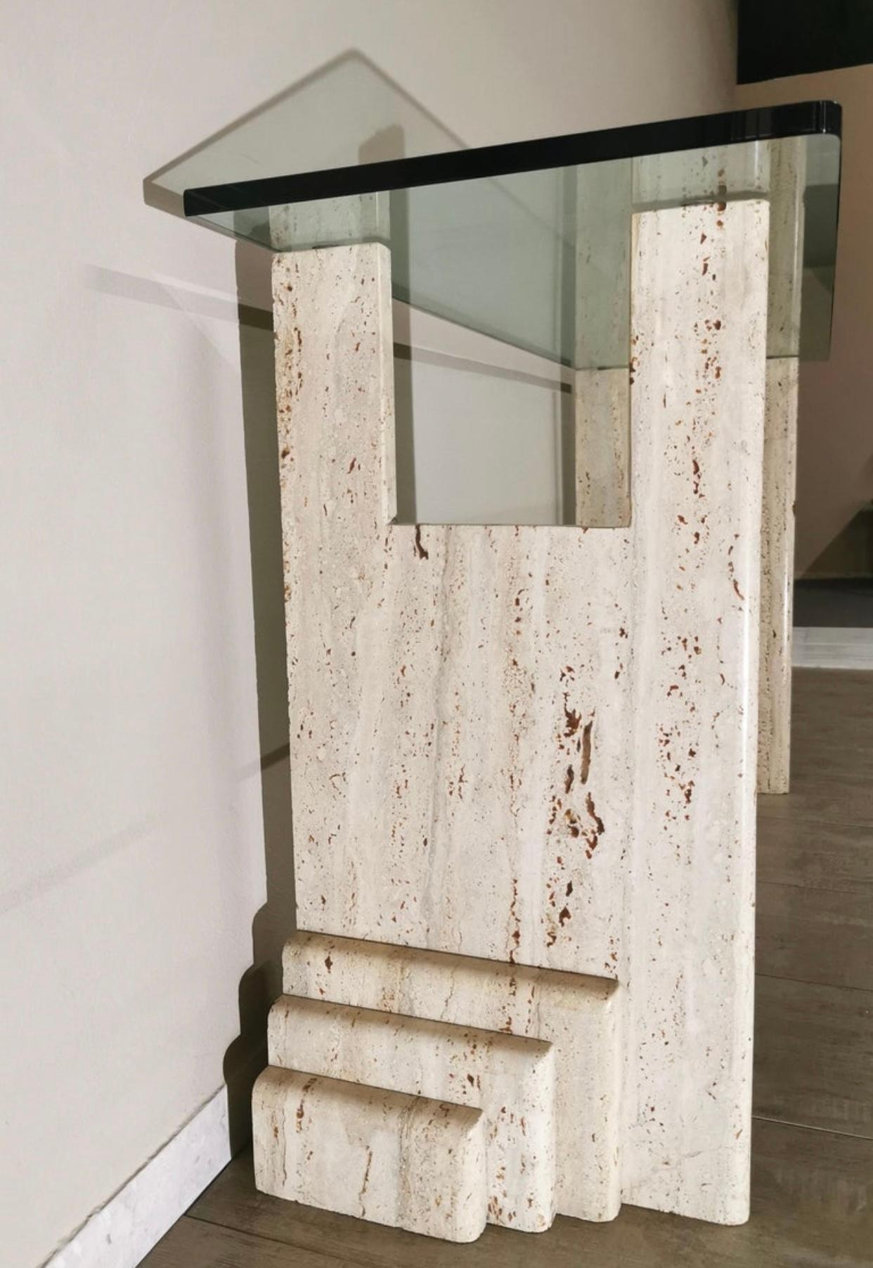 Mid-Century Italian Travertine Marble & Glass Console Table Att. Fontana Arte 1