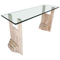 Mid-Century Italian Travertine Marble & Glass Console Table Att. Fontana Arte