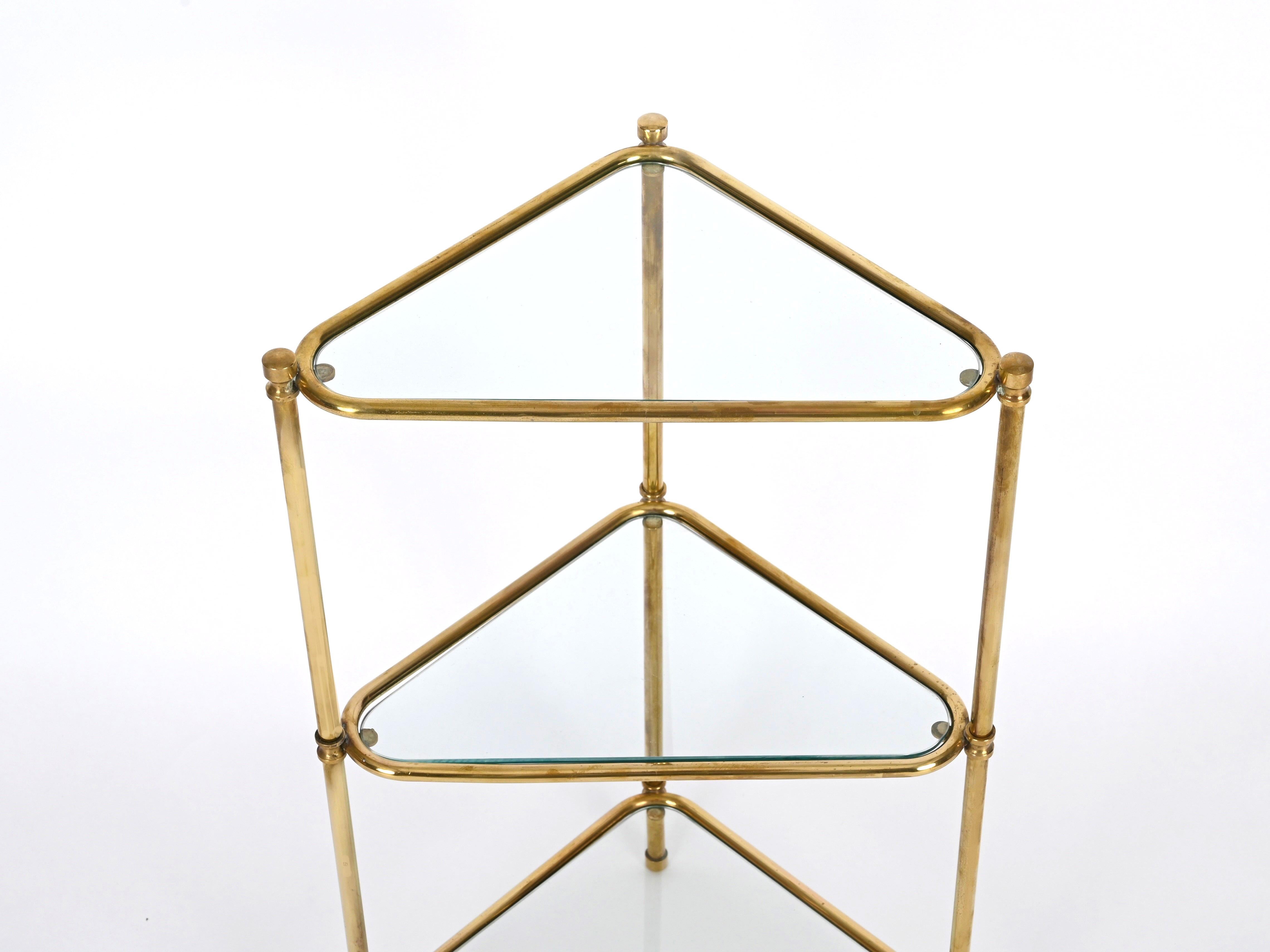 Mid-Century Italian Triangular Brass and Glass Corner Shelf Bookcase, 1970s For Sale 6