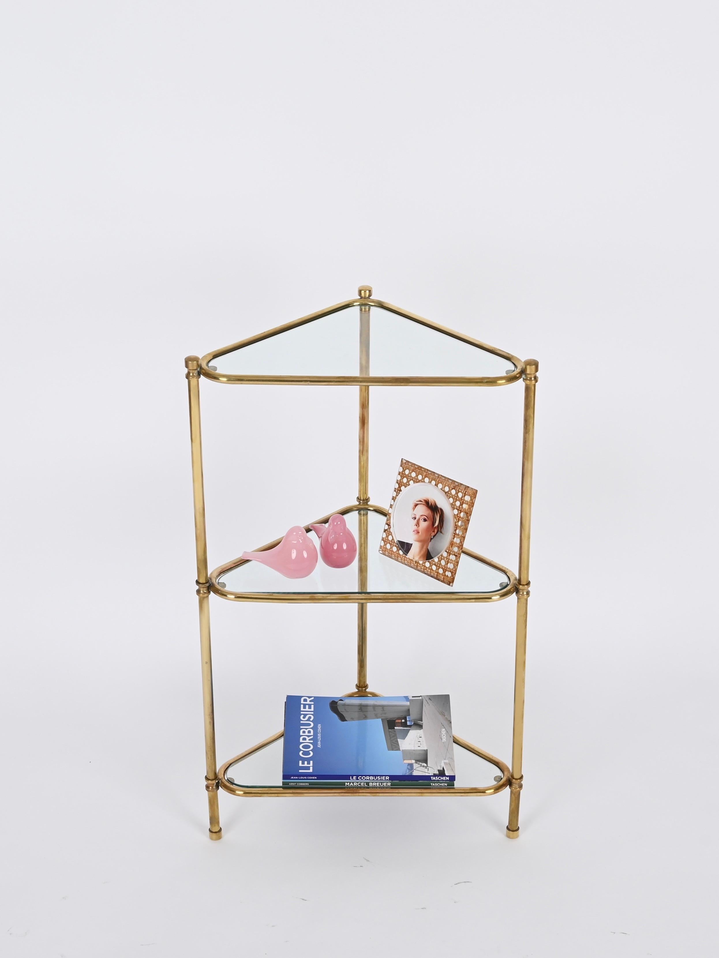 Mid-Century Italian Triangular Brass and Glass Corner Shelf Bookcase, 1970s For Sale 7