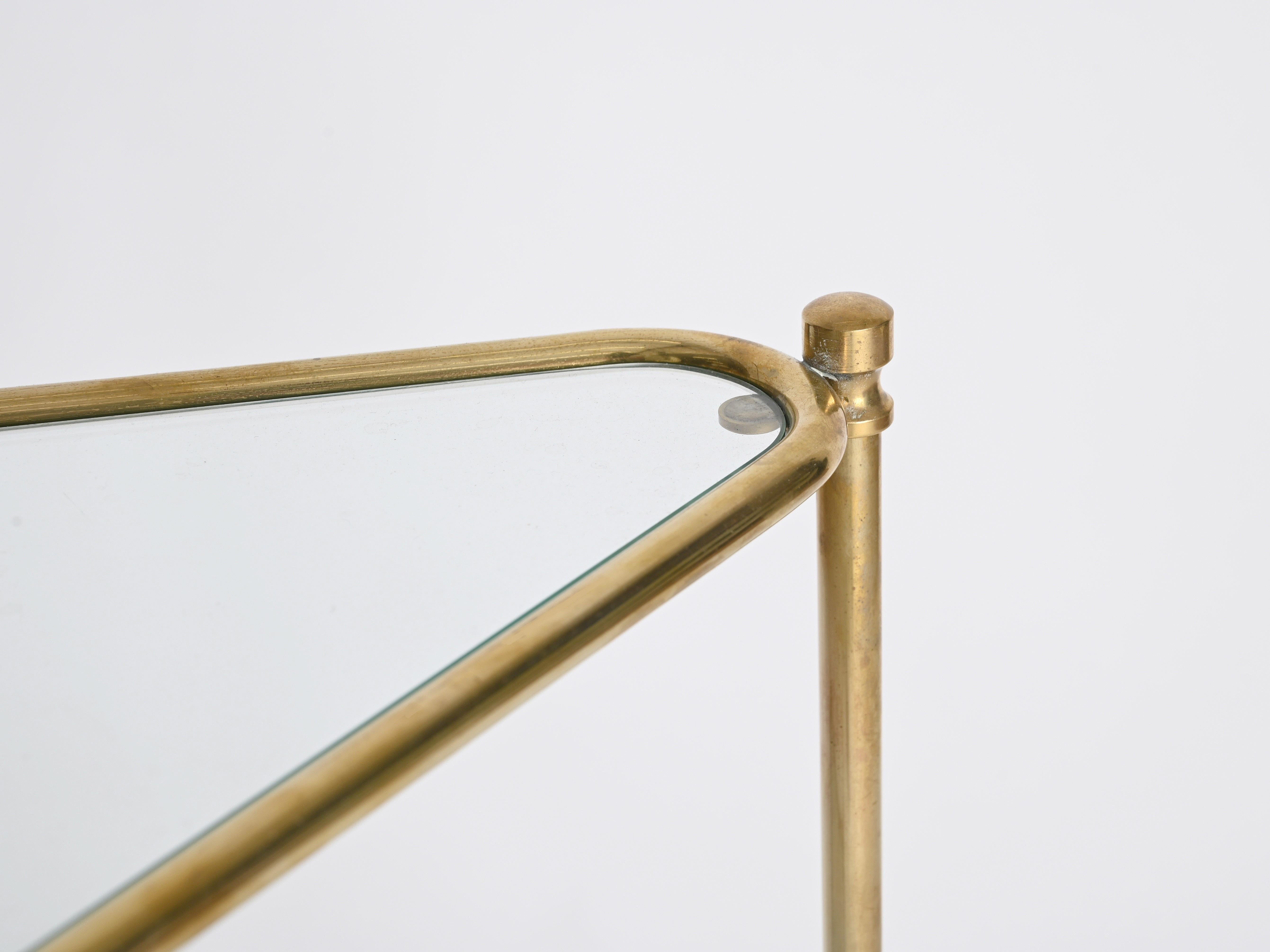 Mid-Century Italian Triangular Brass and Glass Corner Shelf Bookcase, 1970s For Sale 8