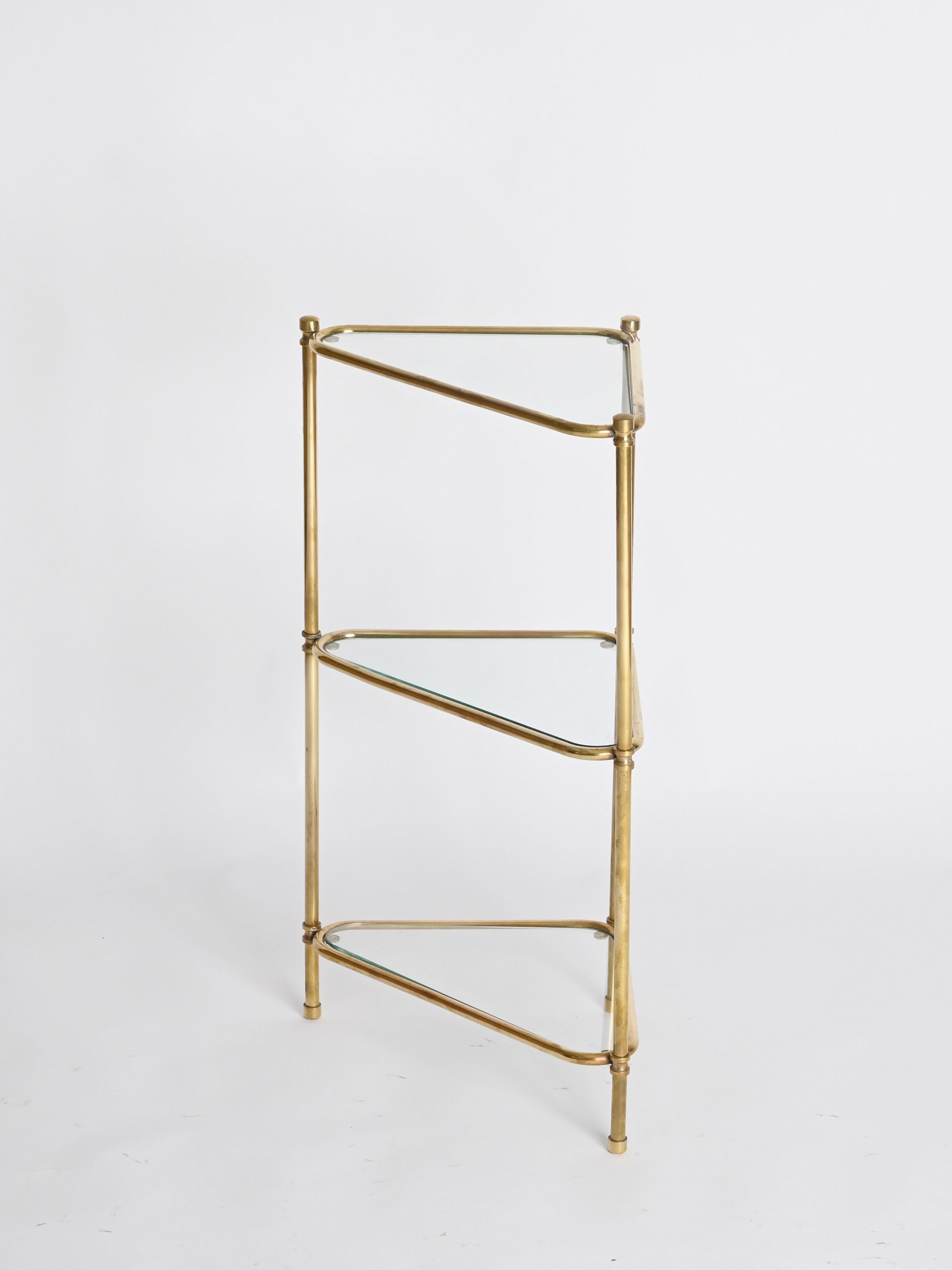 Mid-Century Modern Mid-Century Italian Triangular Brass and Glass Corner Shelf Bookcase, 1970s For Sale