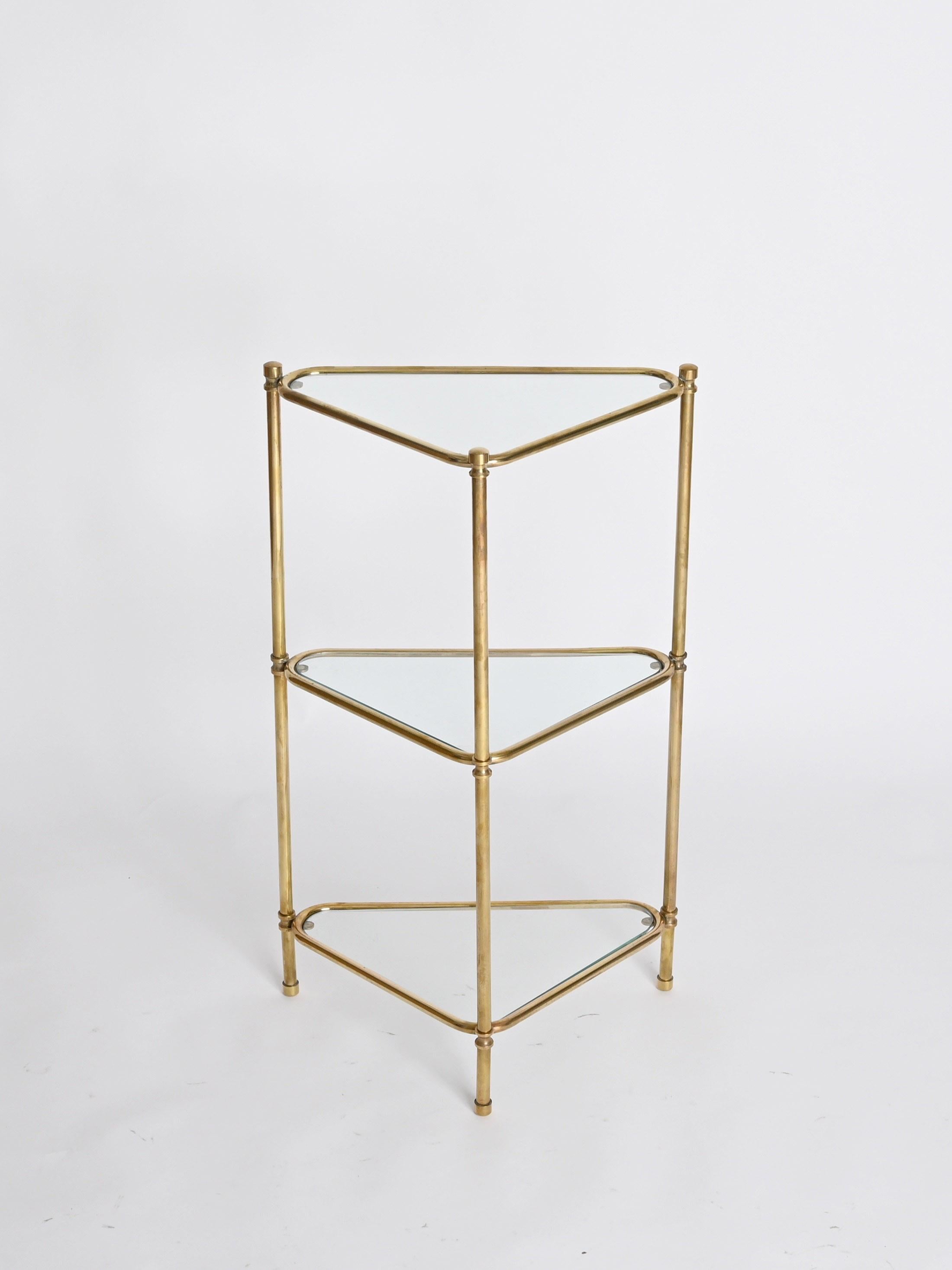20th Century Mid-Century Italian Triangular Brass and Glass Corner Shelf Bookcase, 1970s For Sale