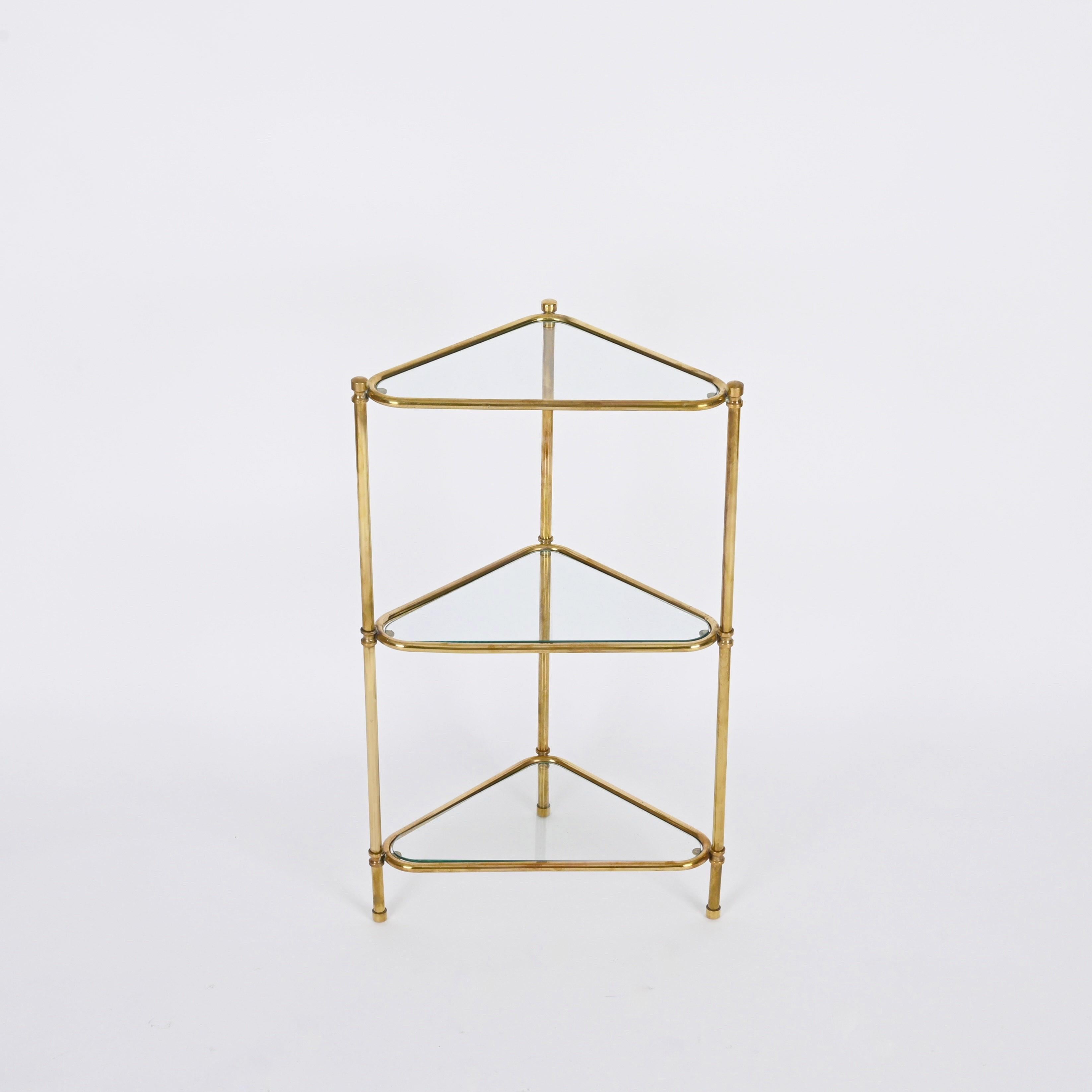 Mid-Century Italian Triangular Brass and Glass Corner Shelf Bookcase, 1970s For Sale 4