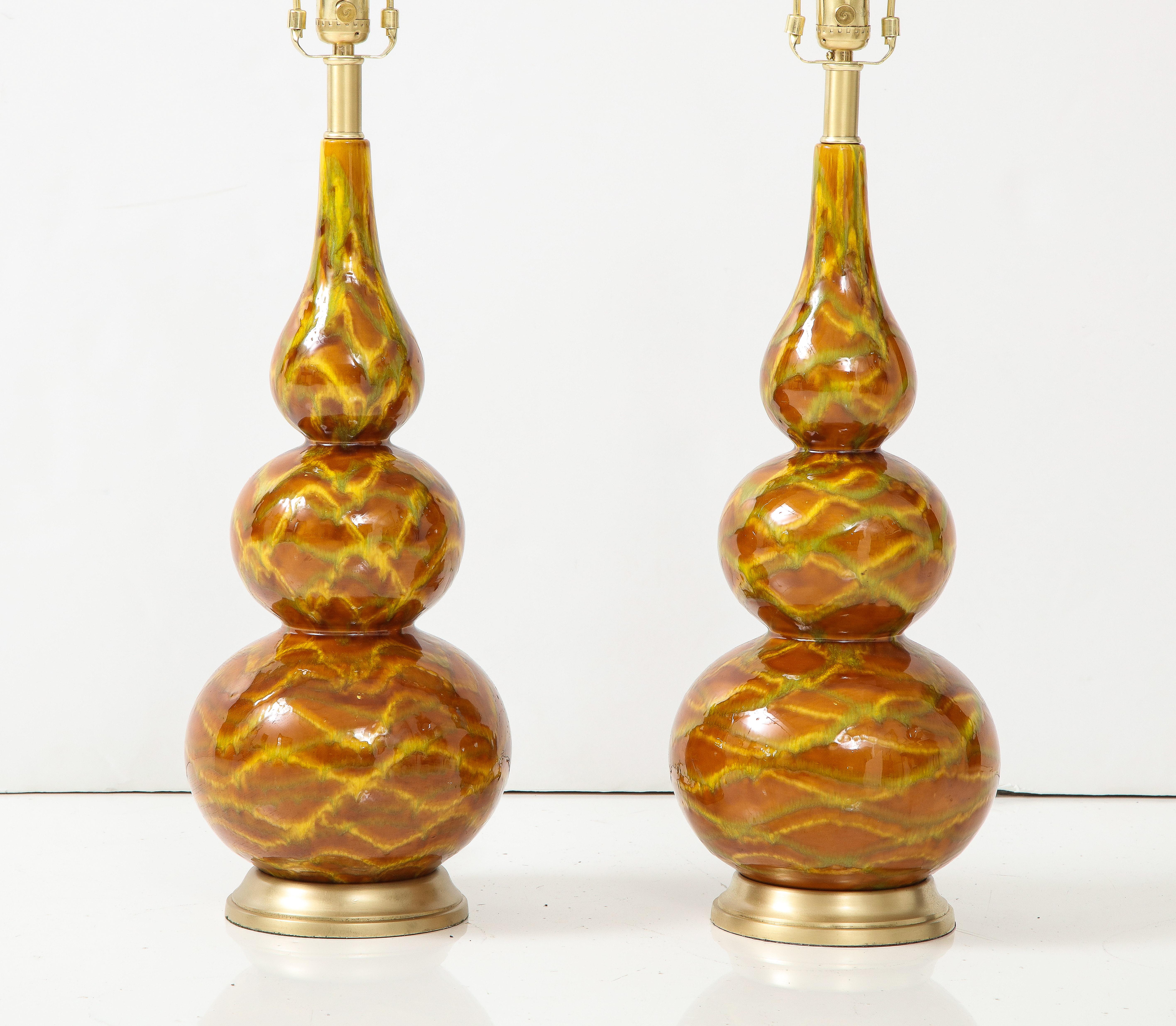 Hand-Painted Midcentury Italian Triple Gourd Abstract Glazed Lamps For Sale