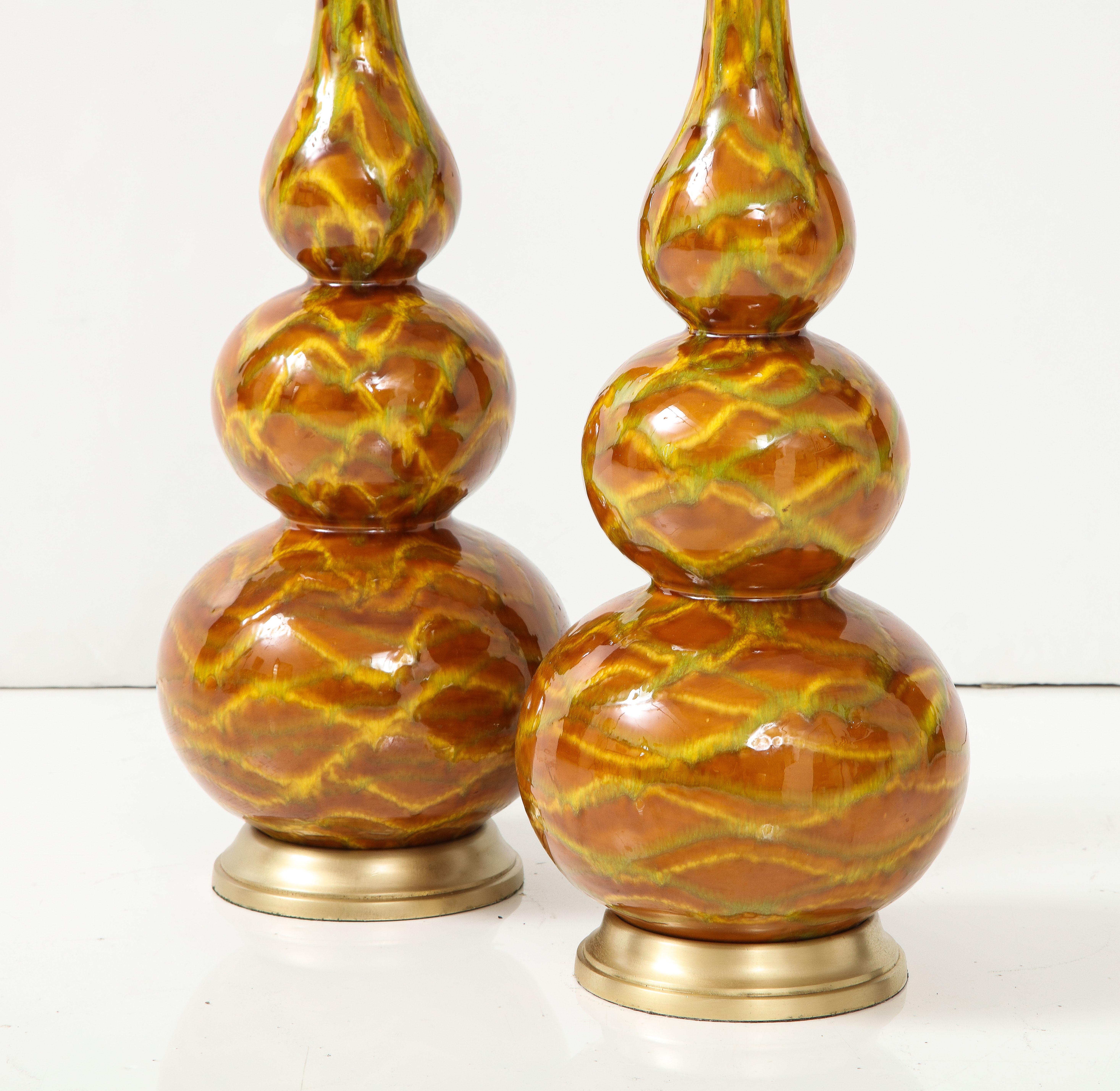 Brass Midcentury Italian Triple Gourd Abstract Glazed Lamps For Sale