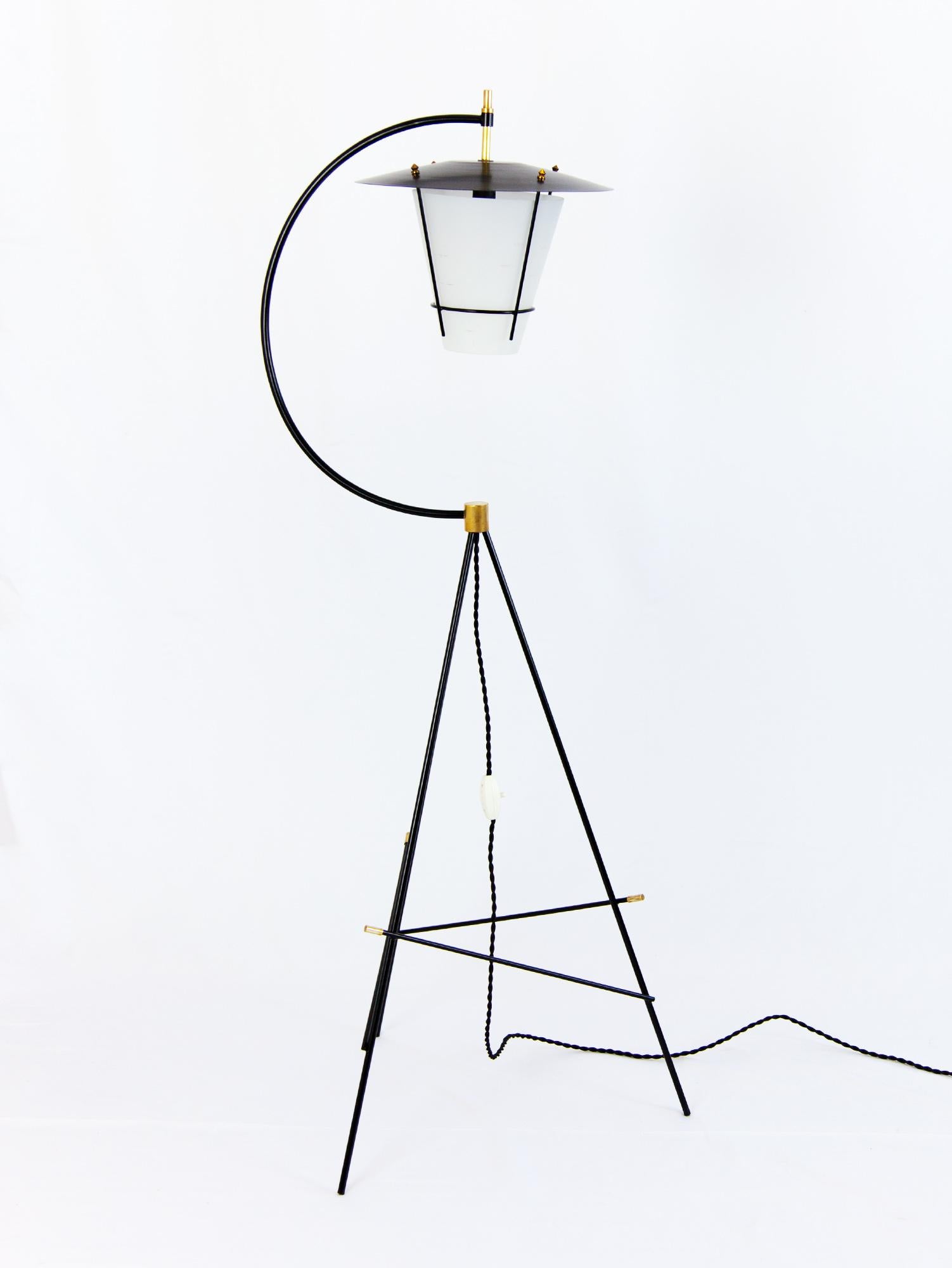 20th Century Mid Century Italian Tripod Floor Lamp, White Glass & Brass Details, 1950s 