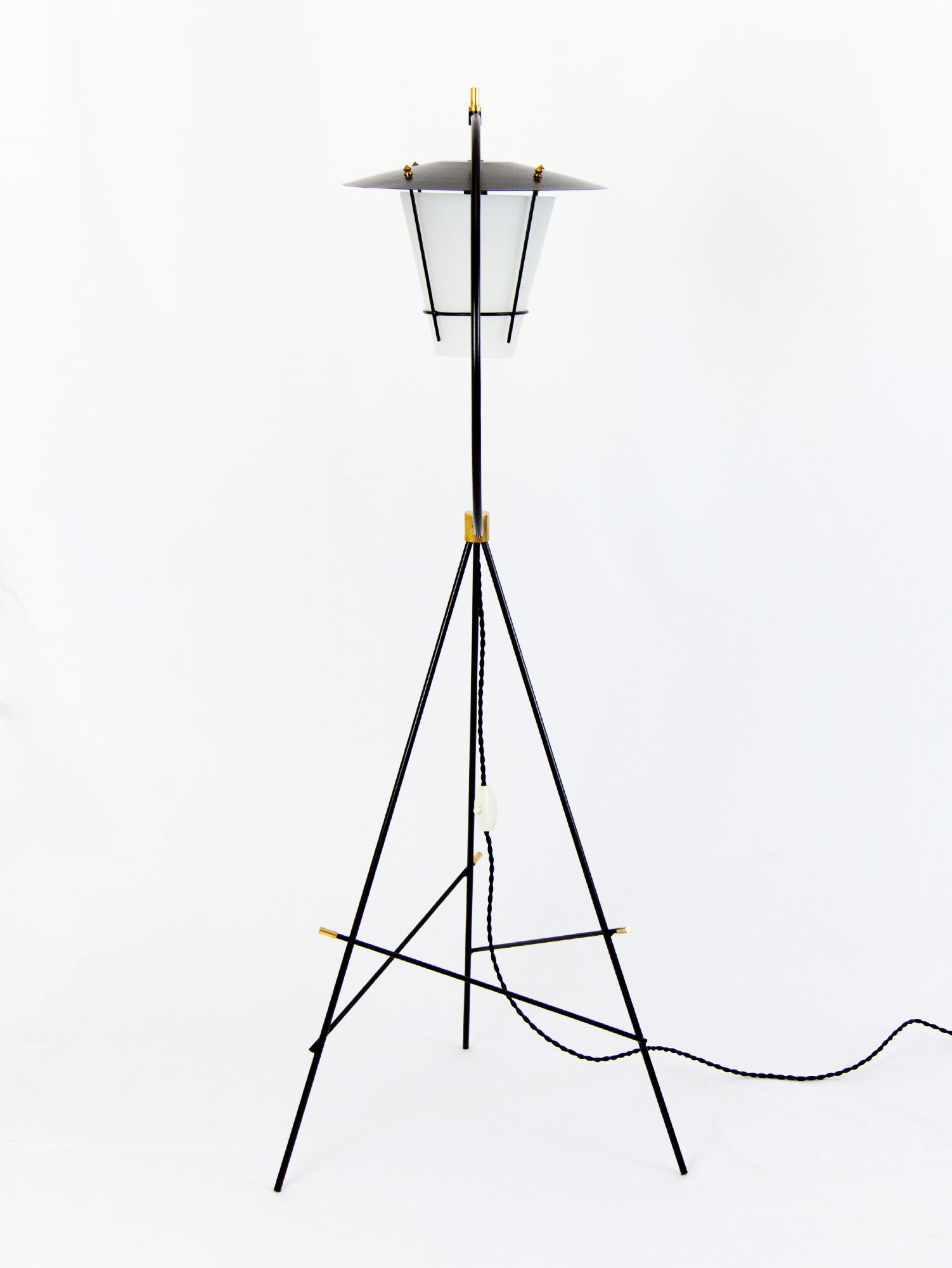Metal Mid Century Italian Tripod Floor Lamp, White Glass & Brass Details, 1950s 