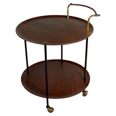 Mid-Century Italian Trolley with Tray Tops, Brass and Leather-Covered Handle