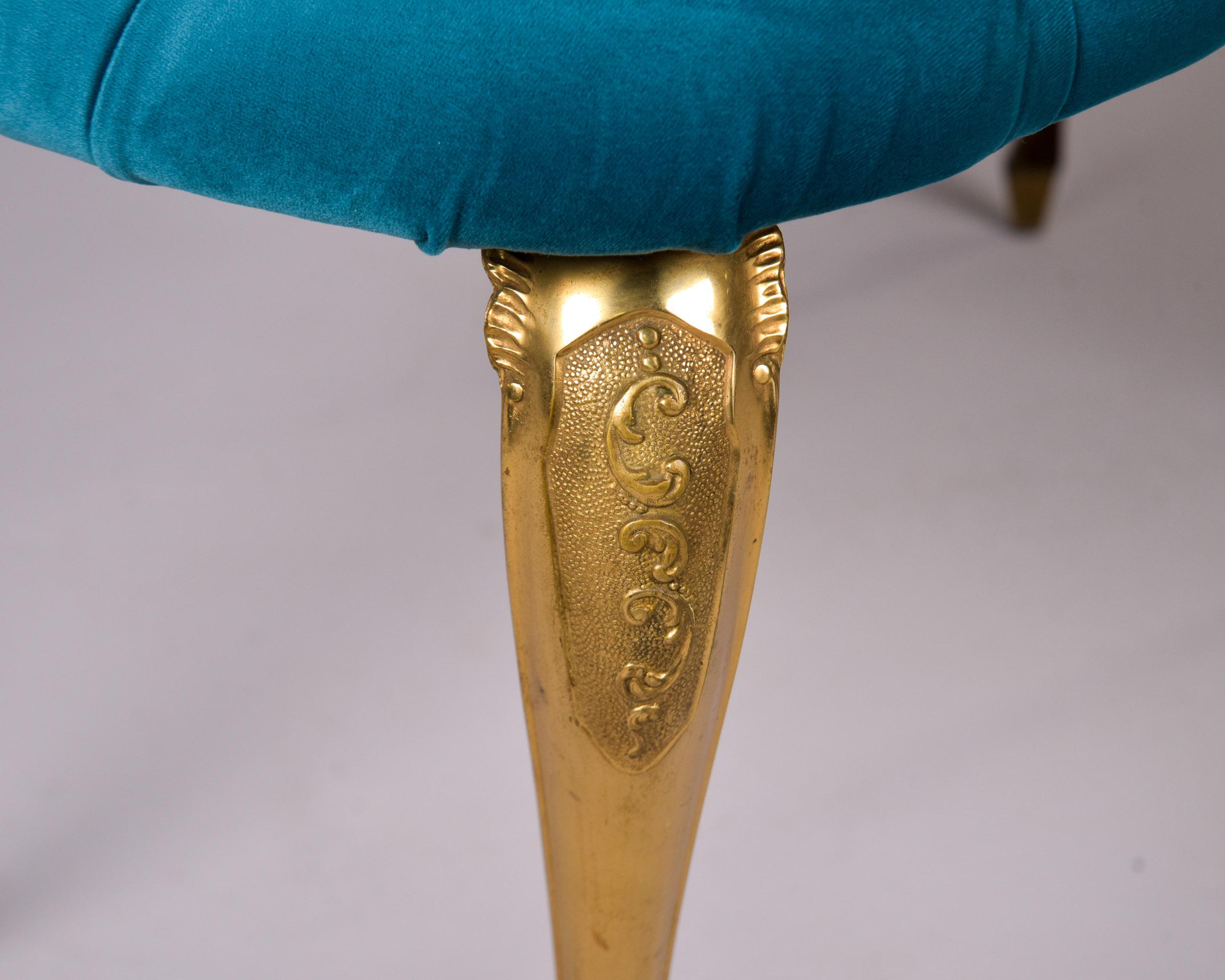 Mid Century Italian Tufted Velvet Bench with Brass Legs For Sale 5