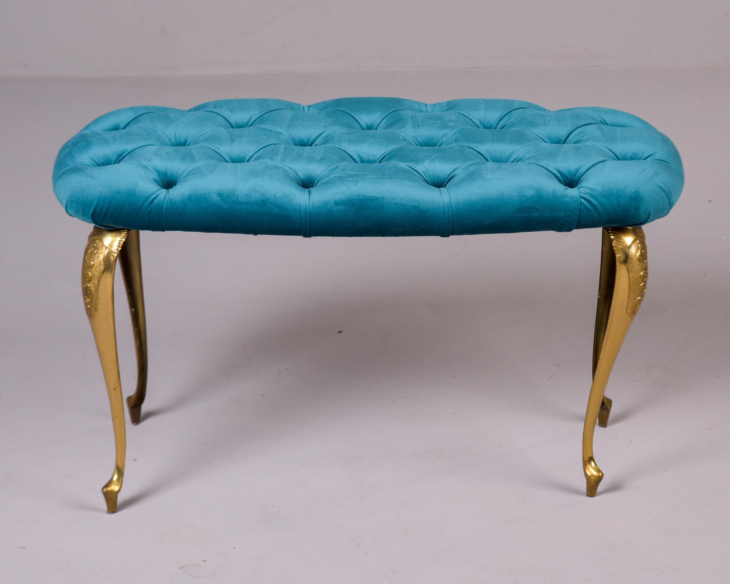 20th Century Mid Century Italian Tufted Velvet Bench with Brass Legs For Sale