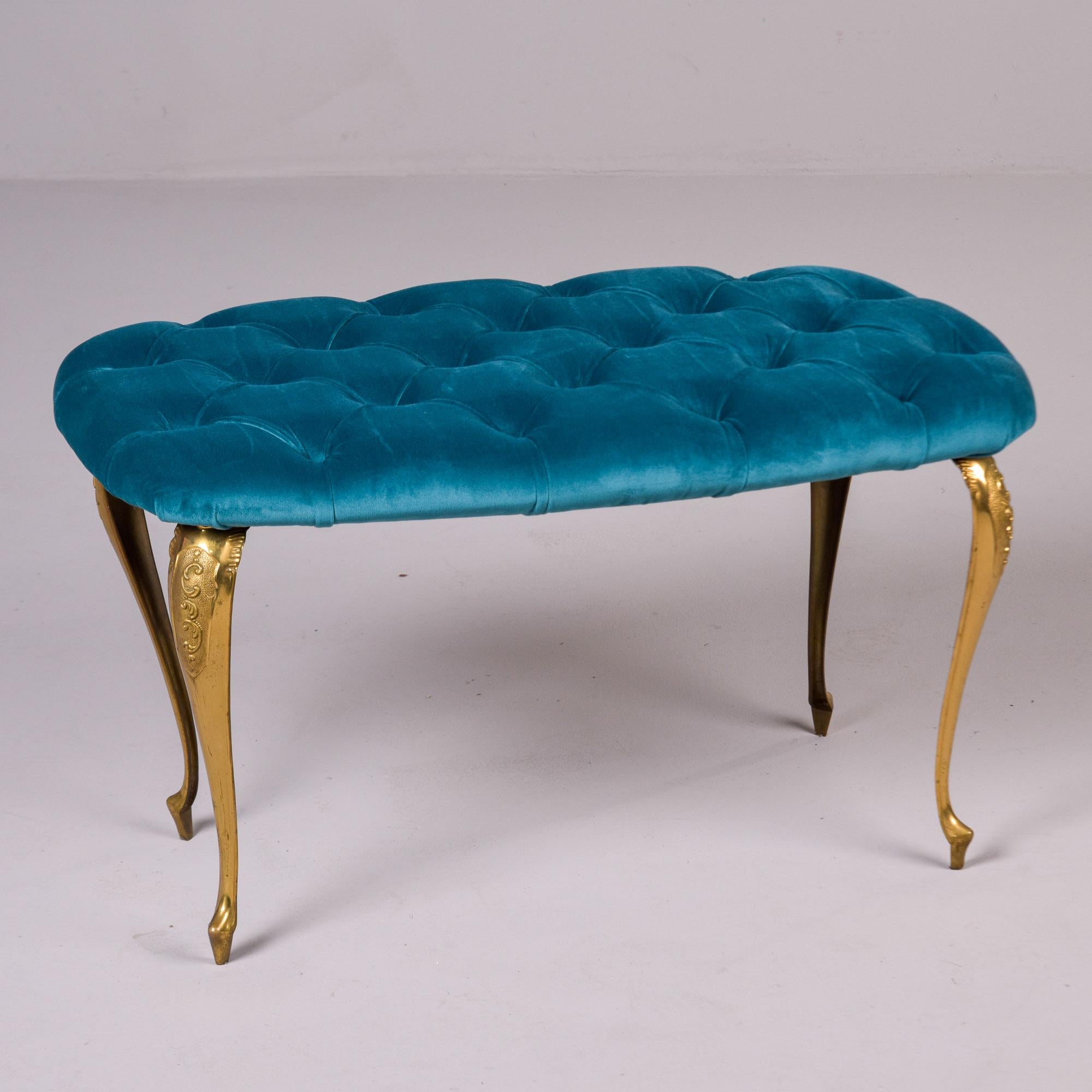 Mid Century Italian Tufted Velvet Bench with Brass Legs For Sale 1