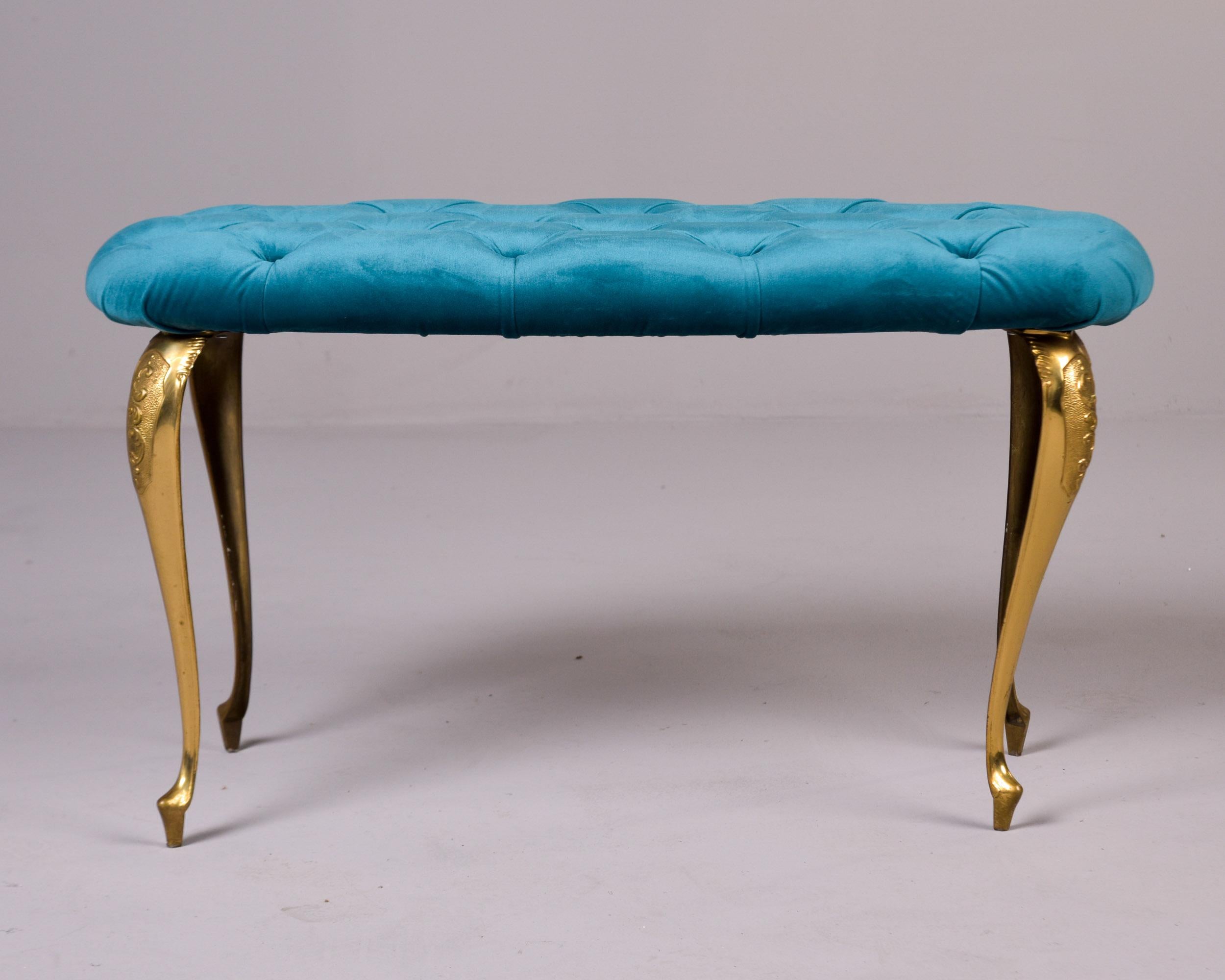 Mid Century Italian Tufted Velvet Bench with Brass Legs For Sale 2