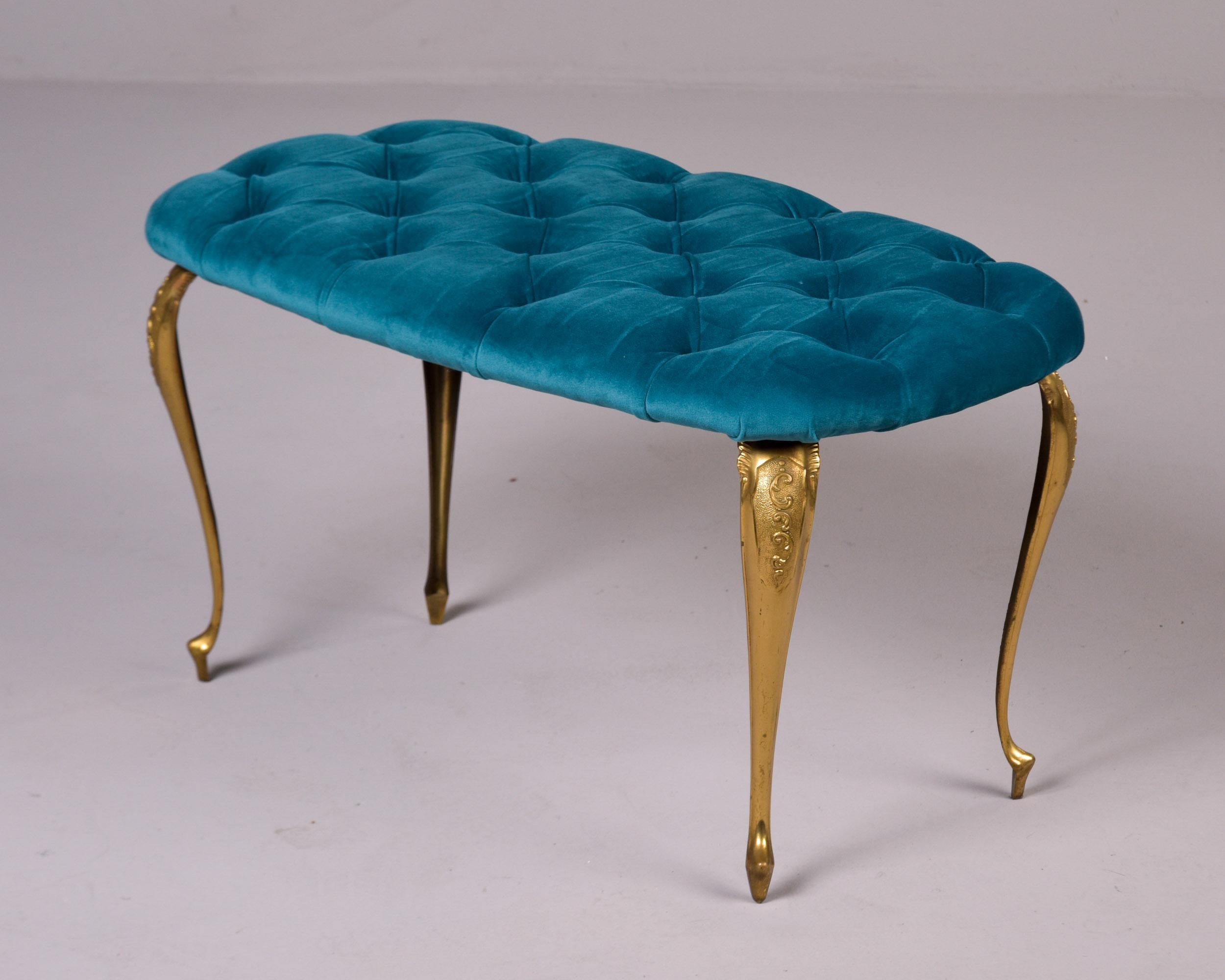 Mid Century Italian Tufted Velvet Bench with Brass Legs For Sale 3