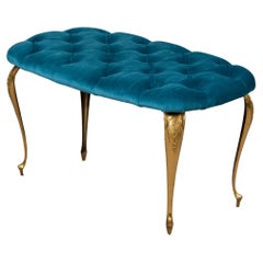 Mid Century Italian Tufted Velvet Bench with Brass Legs
