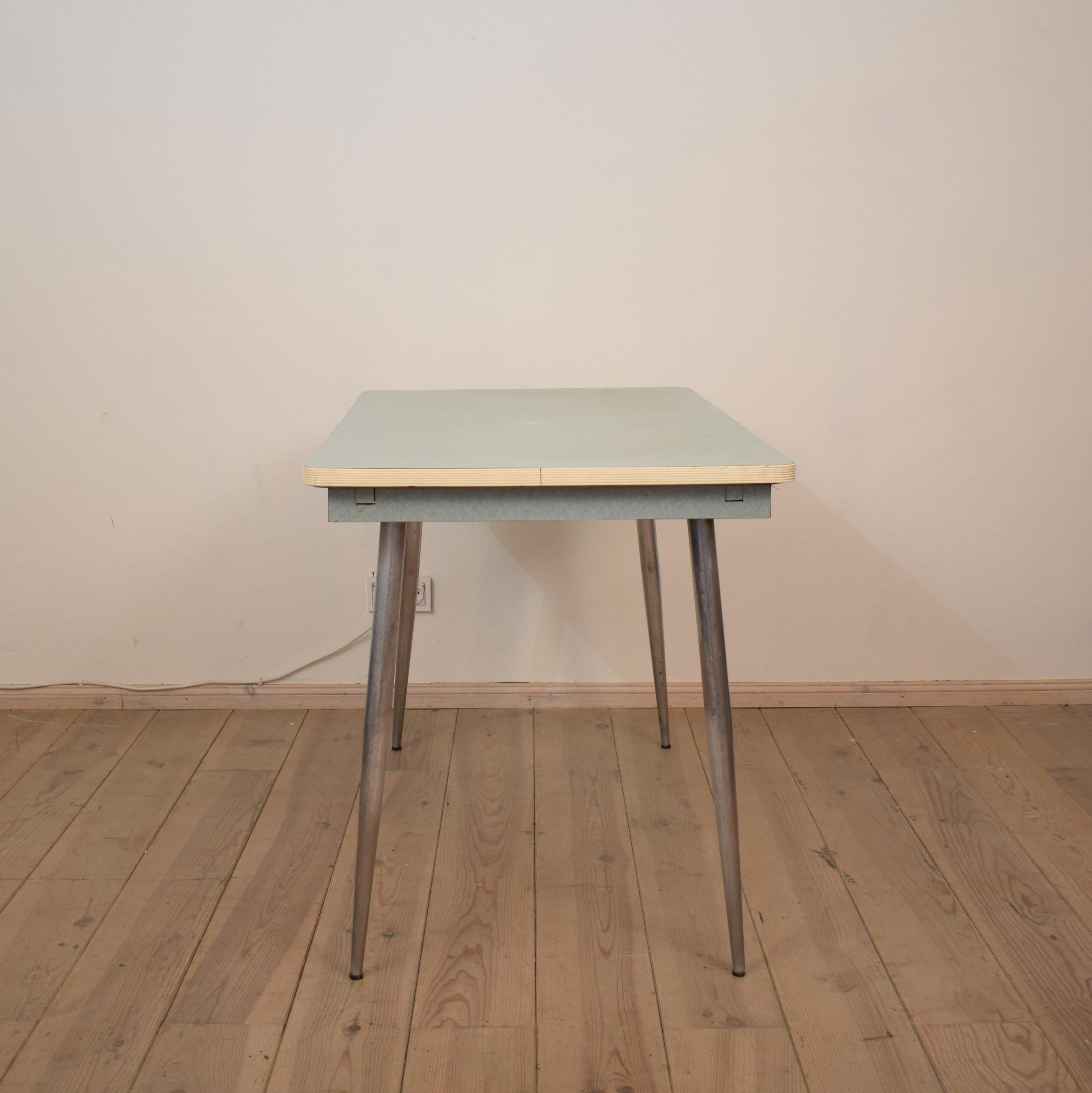 Midcentury Italian Turquoise Formica Kitchen Table with Tapered Chrome Legs For Sale 3