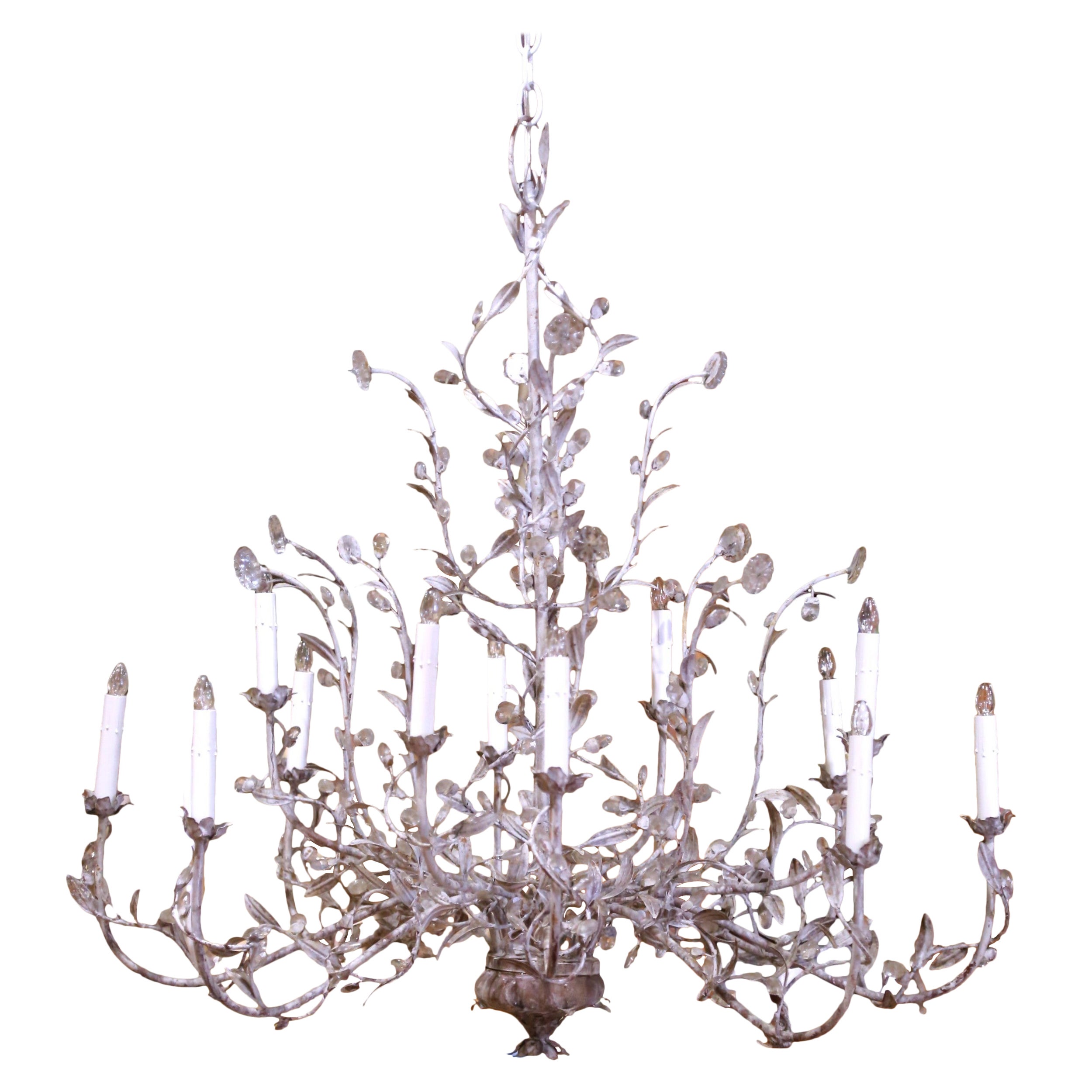 Lustre italien du milieu du siècle à douze lumières avec fleurs en cristal