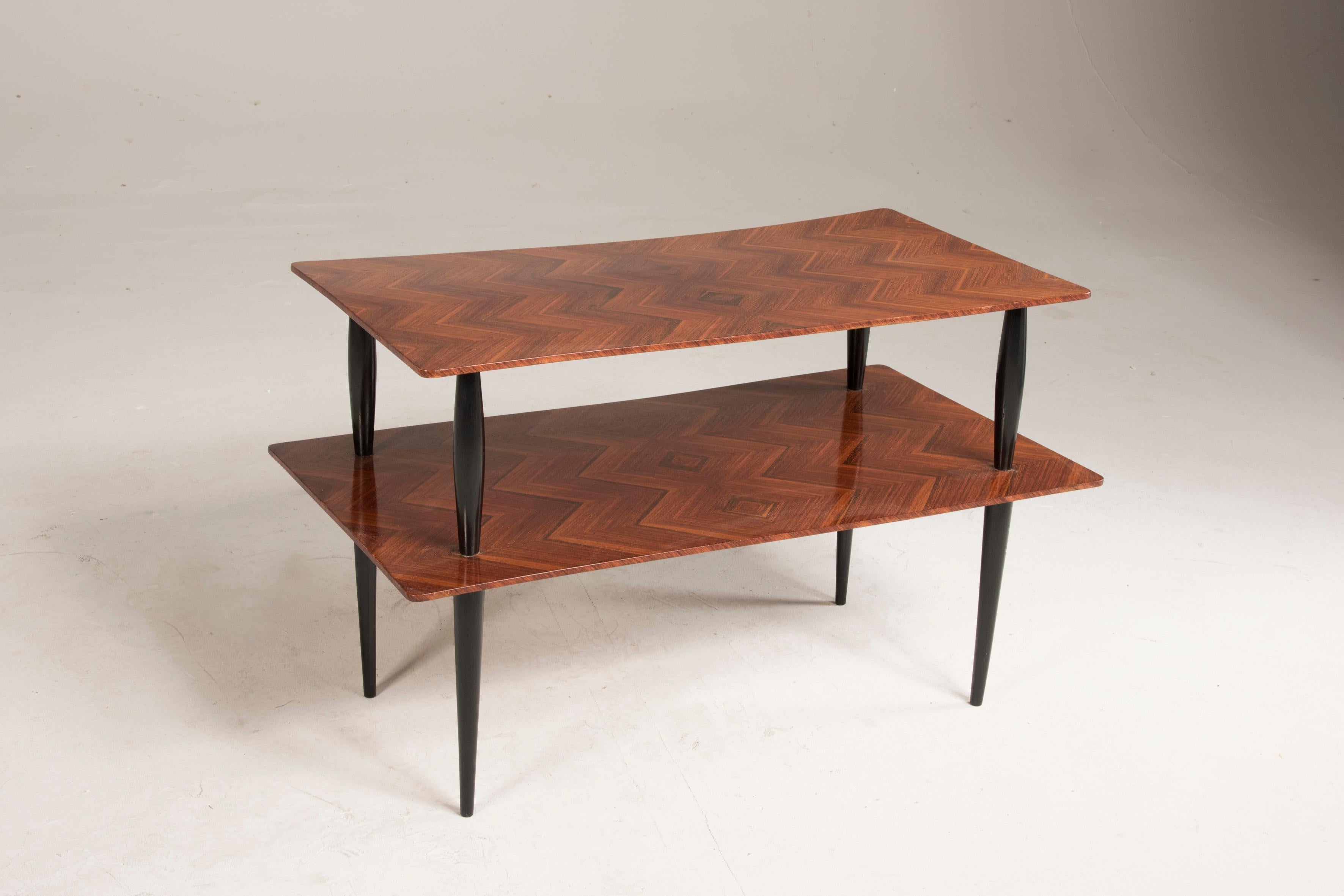 Mid-Century Modern Mid-Century Italian Two Shelves Coffee Table Black Legs Wooden Tops For Sale