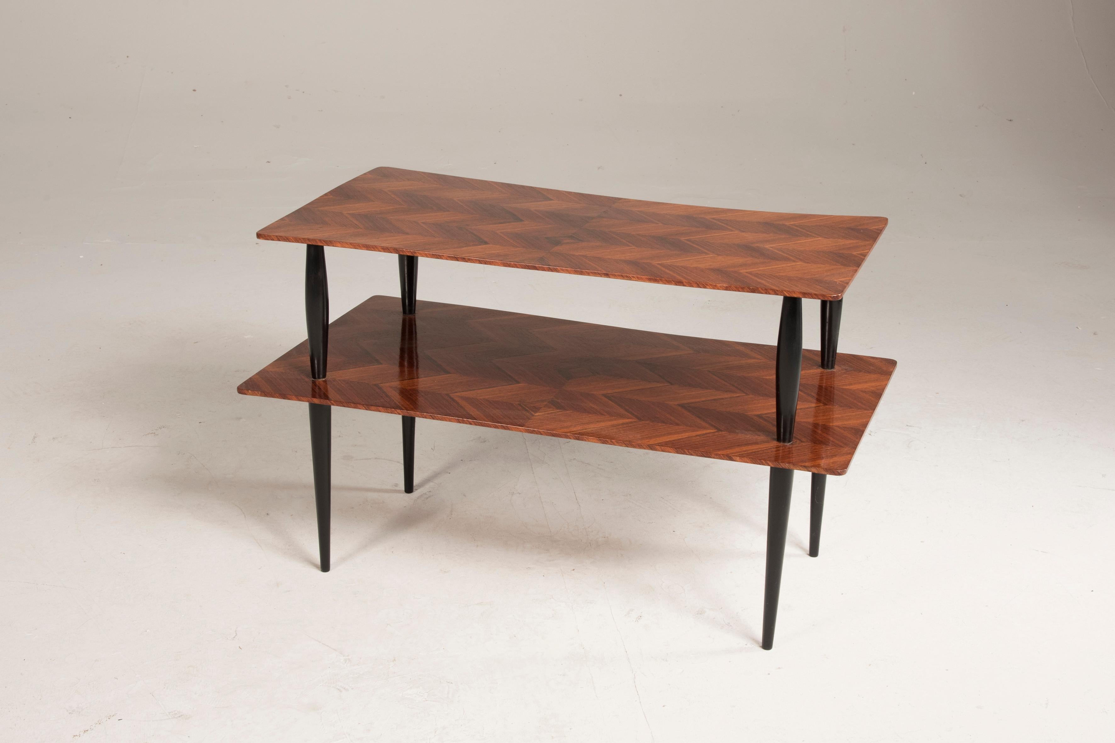 20th Century Mid-Century Italian Two Shelves Coffee Table Black Legs Wooden Tops For Sale