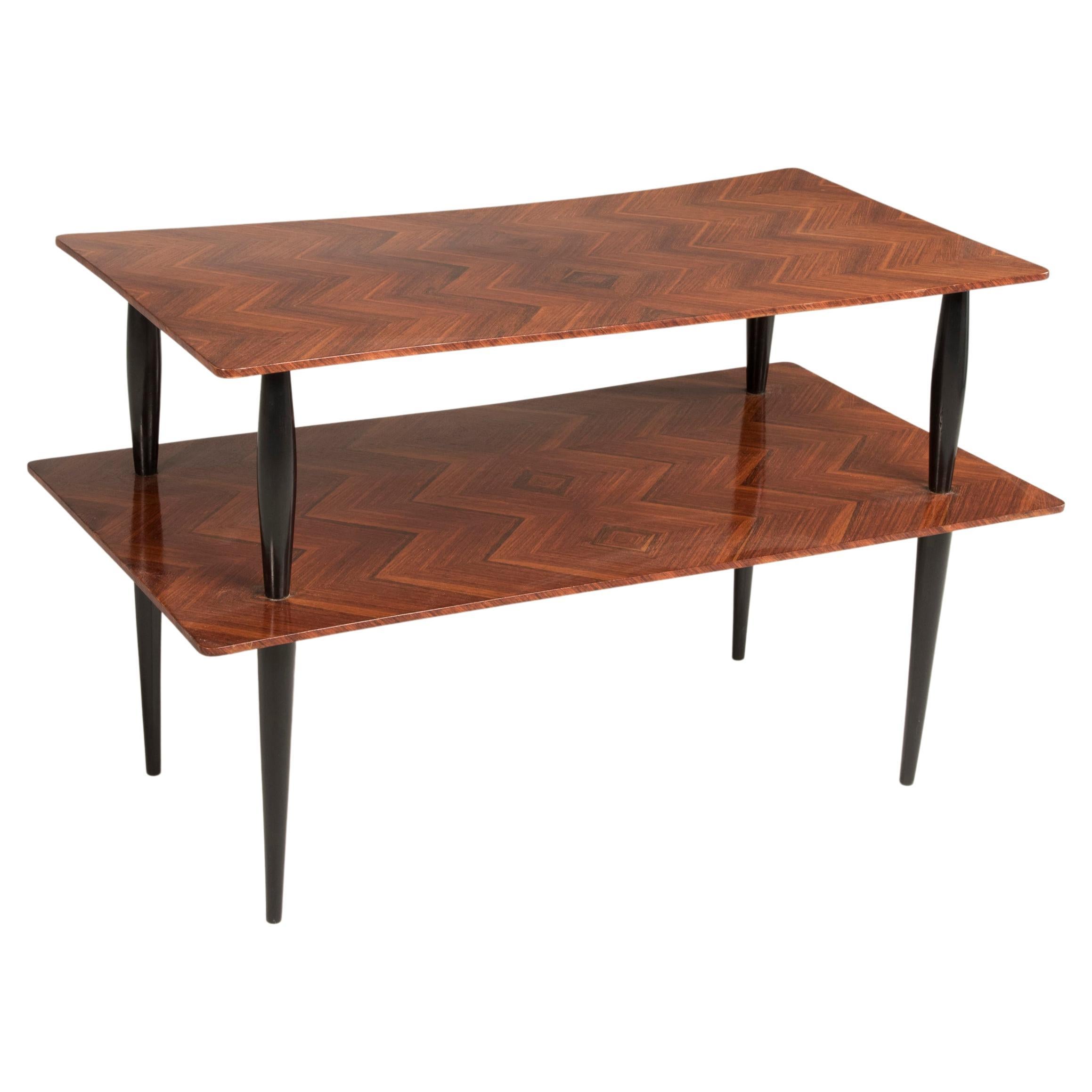 Mid-Century Italian Two Shelves Coffee Table Black Legs Wooden Tops For Sale