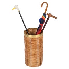 Mid-Century Italian Umbrella Stand in Bamboo Rattan and Brass, 1970s