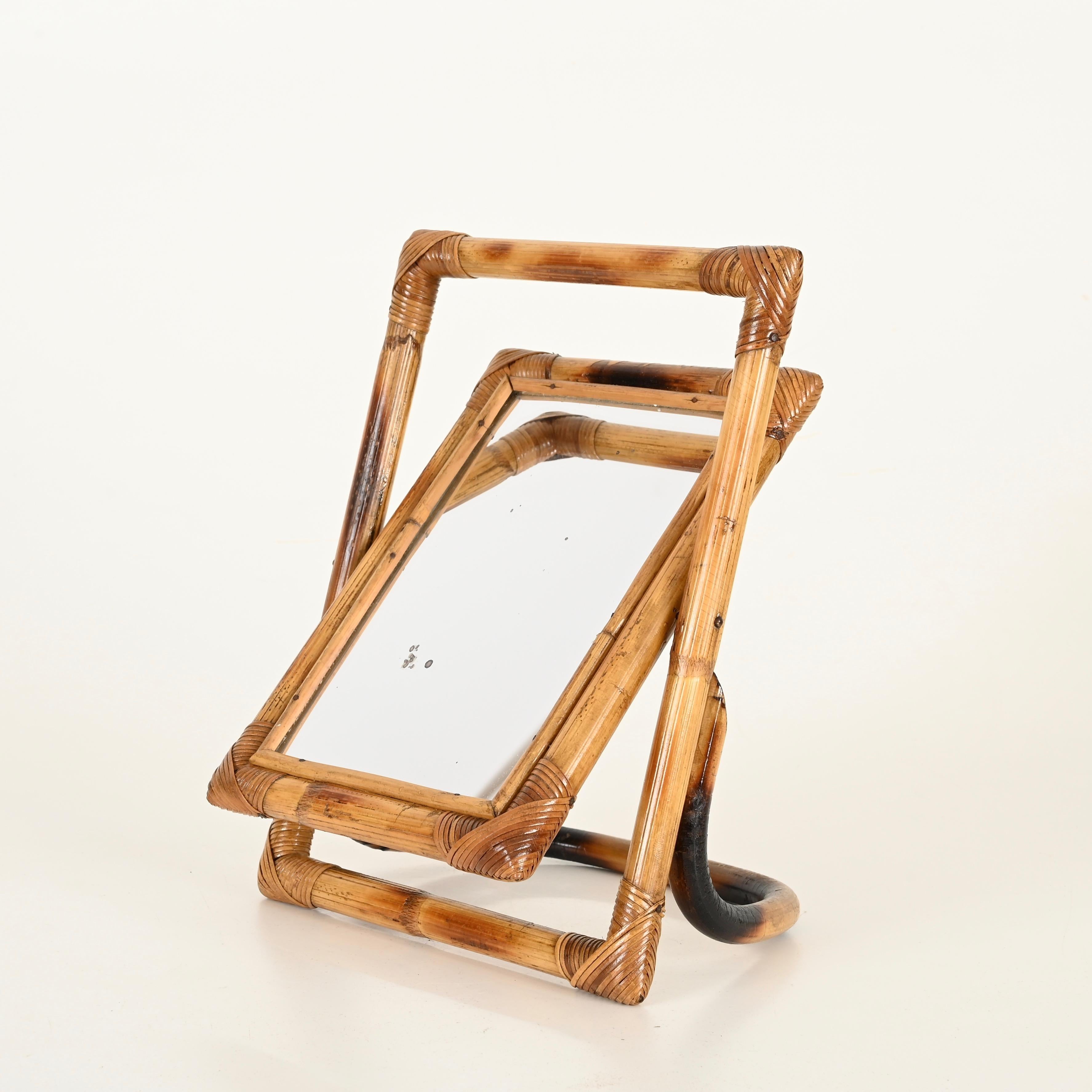 Mid-Century Italian Vanity Adjustable Table Mirror in Bamboo and Rattan, 1970s In Good Condition For Sale In Roma, IT