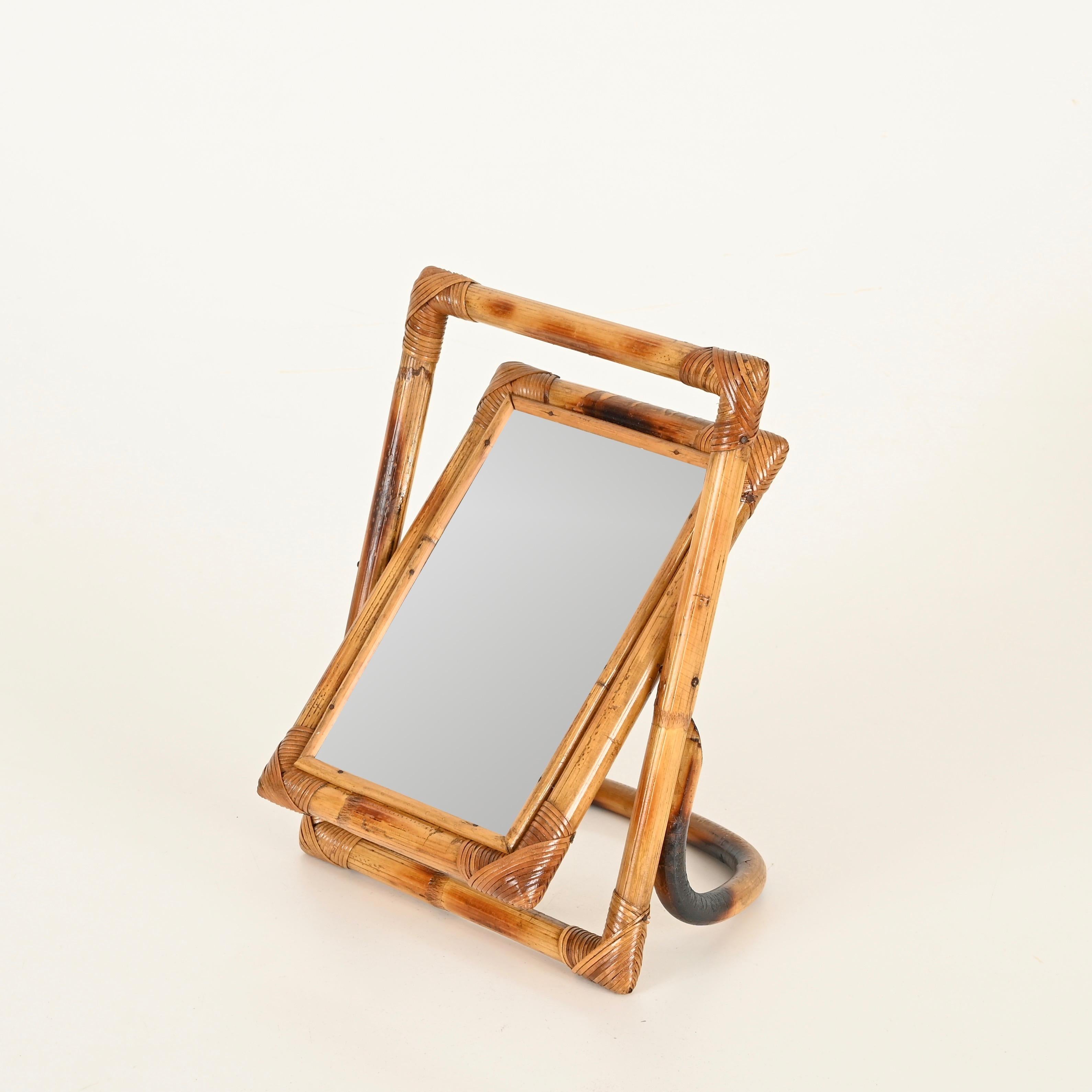20th Century Mid-Century Italian Vanity Adjustable Table Mirror in Bamboo and Rattan, 1970s For Sale